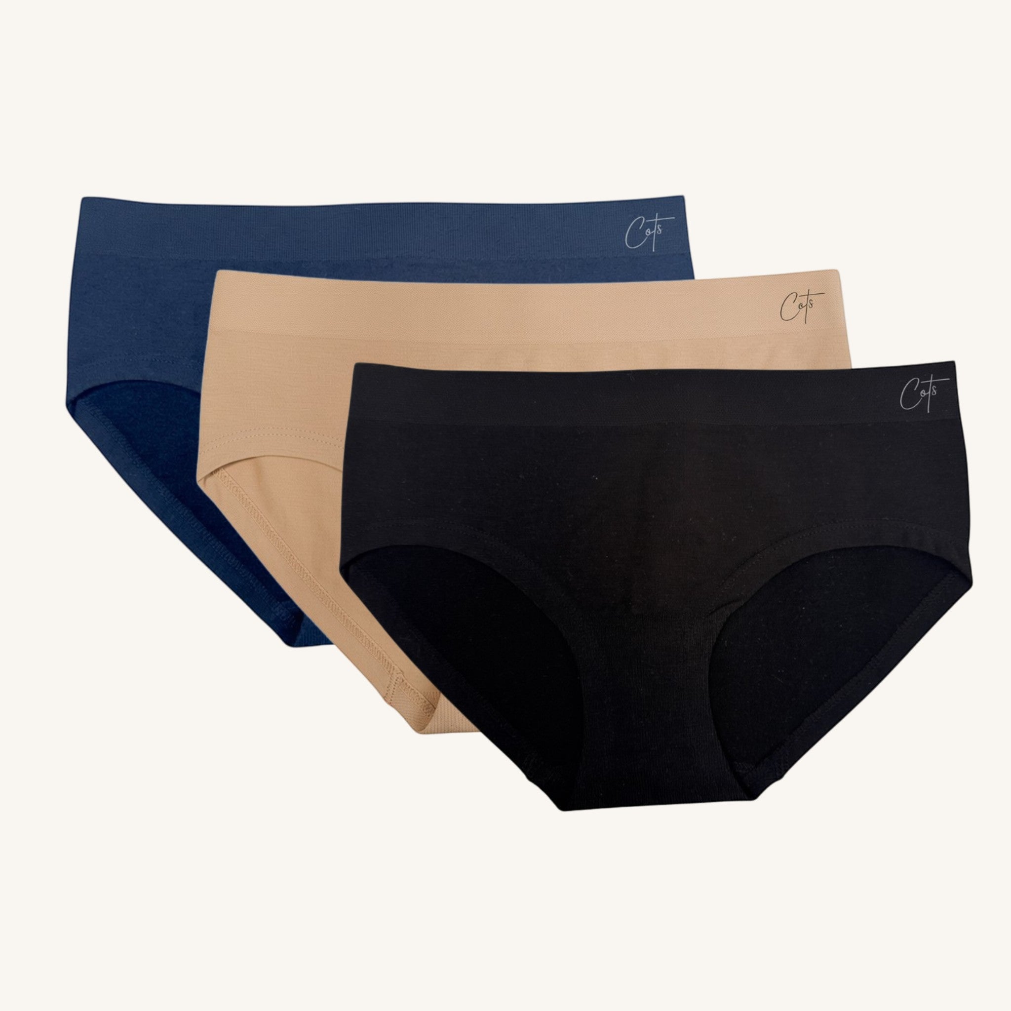 Comfort on the Spectrum Kids SkinSense™ 3-pack seamless briefs in navy, nude, and black. Made from soft, breathable Lenzing™ Modal fabric.