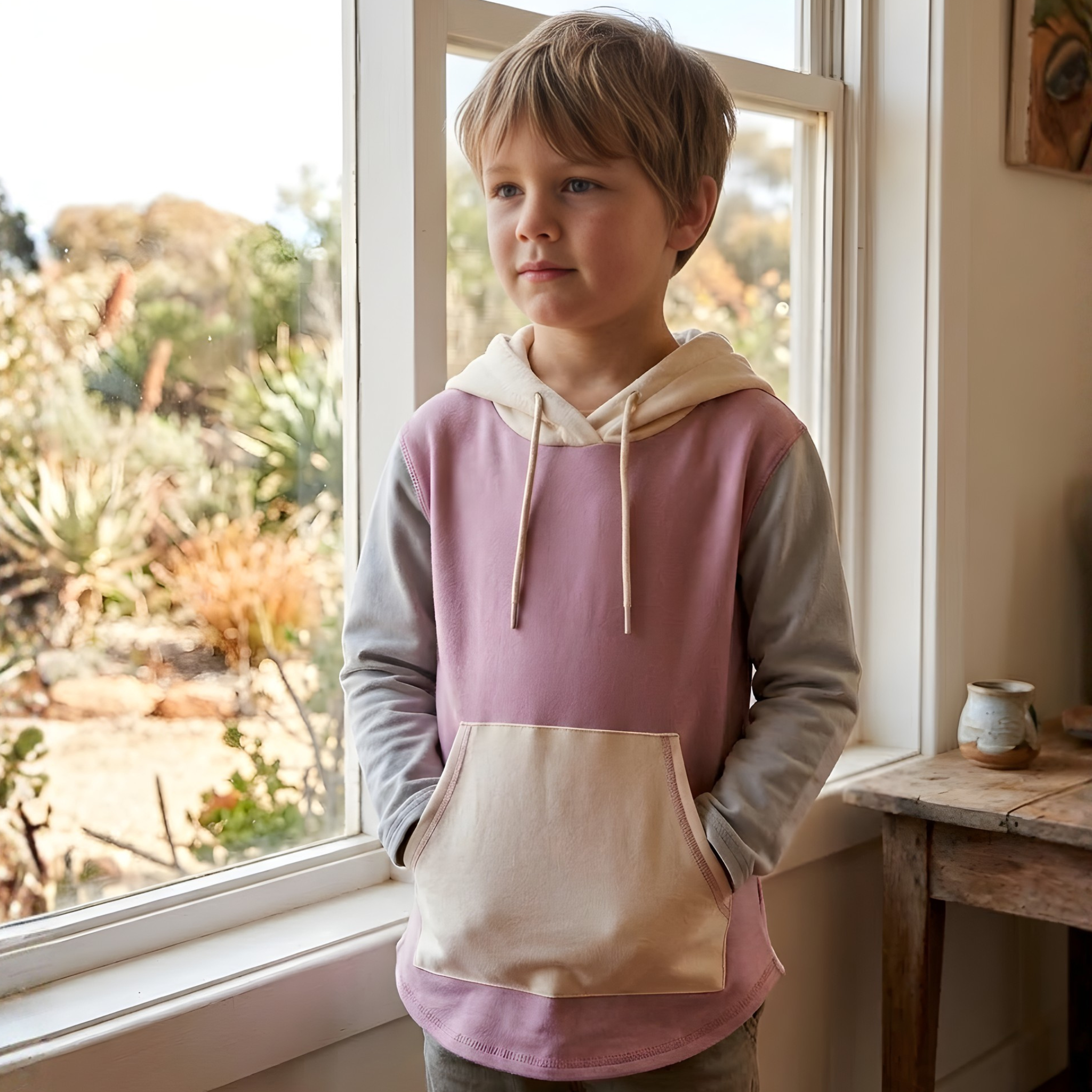 A young boy wearing a sensory-friendly hoodie in pink, grey, and cream standing by a window.