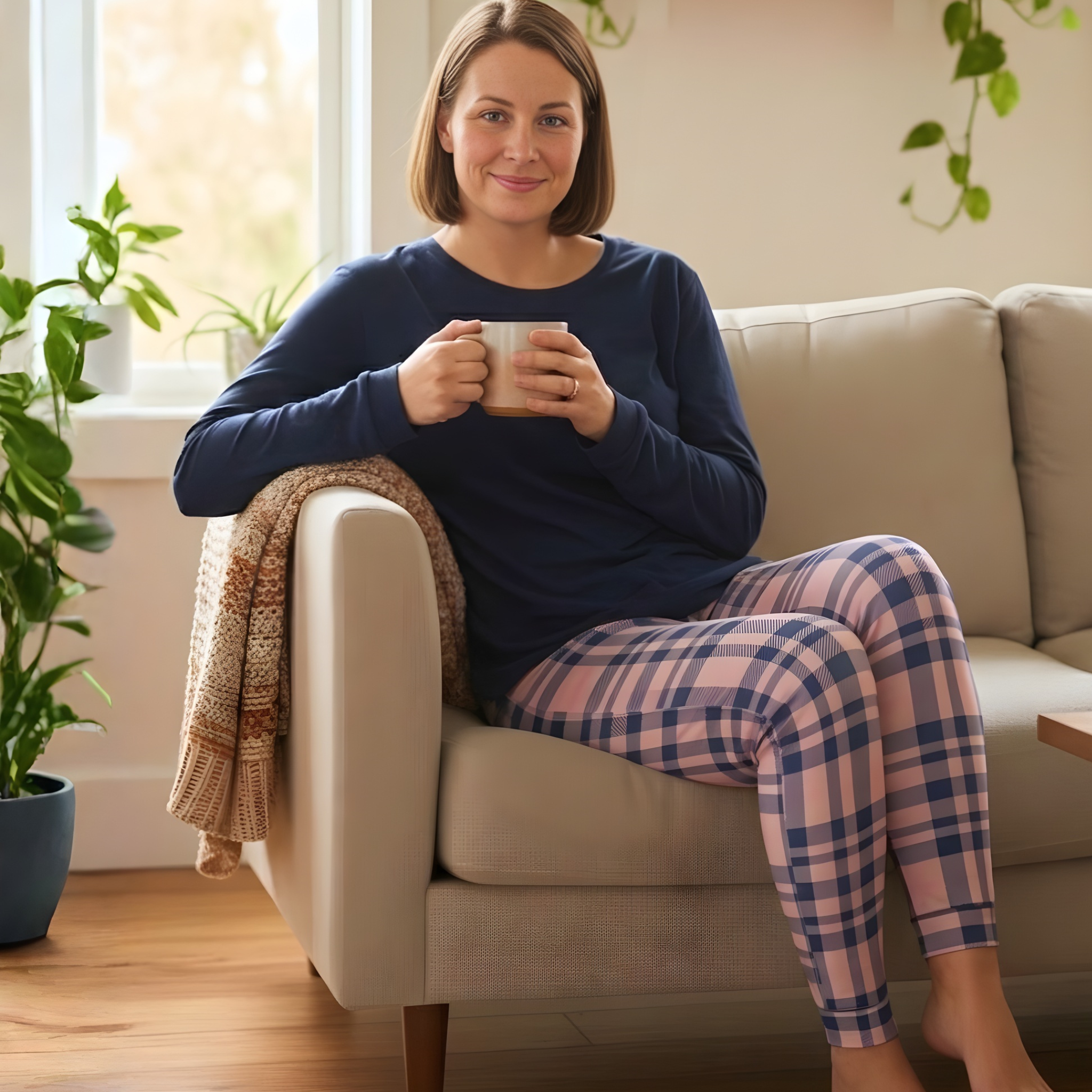 A smiling woman sits comfortably on a beige couch, wearing cozy navy long-sleeved pajamas and pink and navy plaid leggings while holding a warm mug.