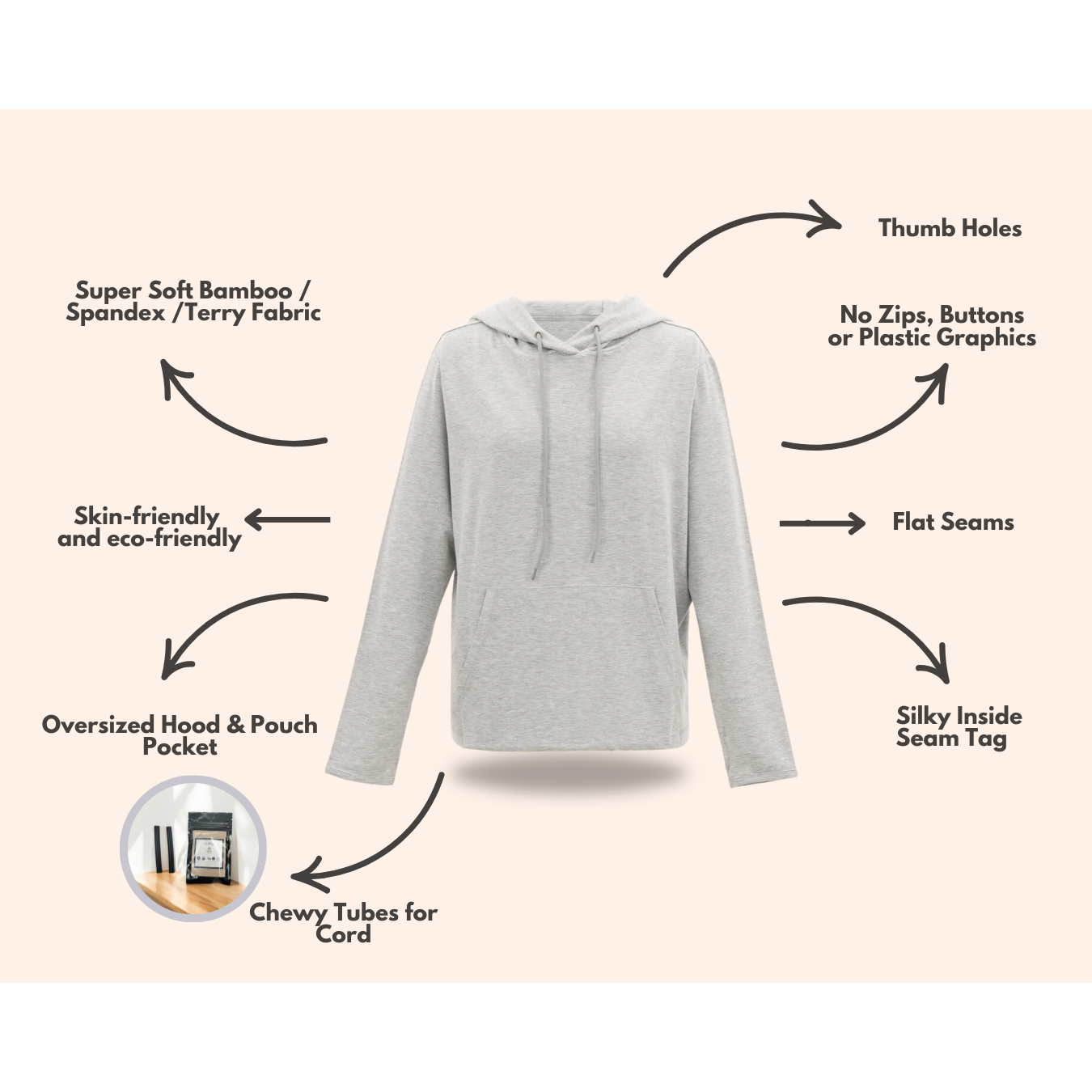 Adult Grey Marle Hoodie from Comfort on the Spectrum with attached Sensory features.