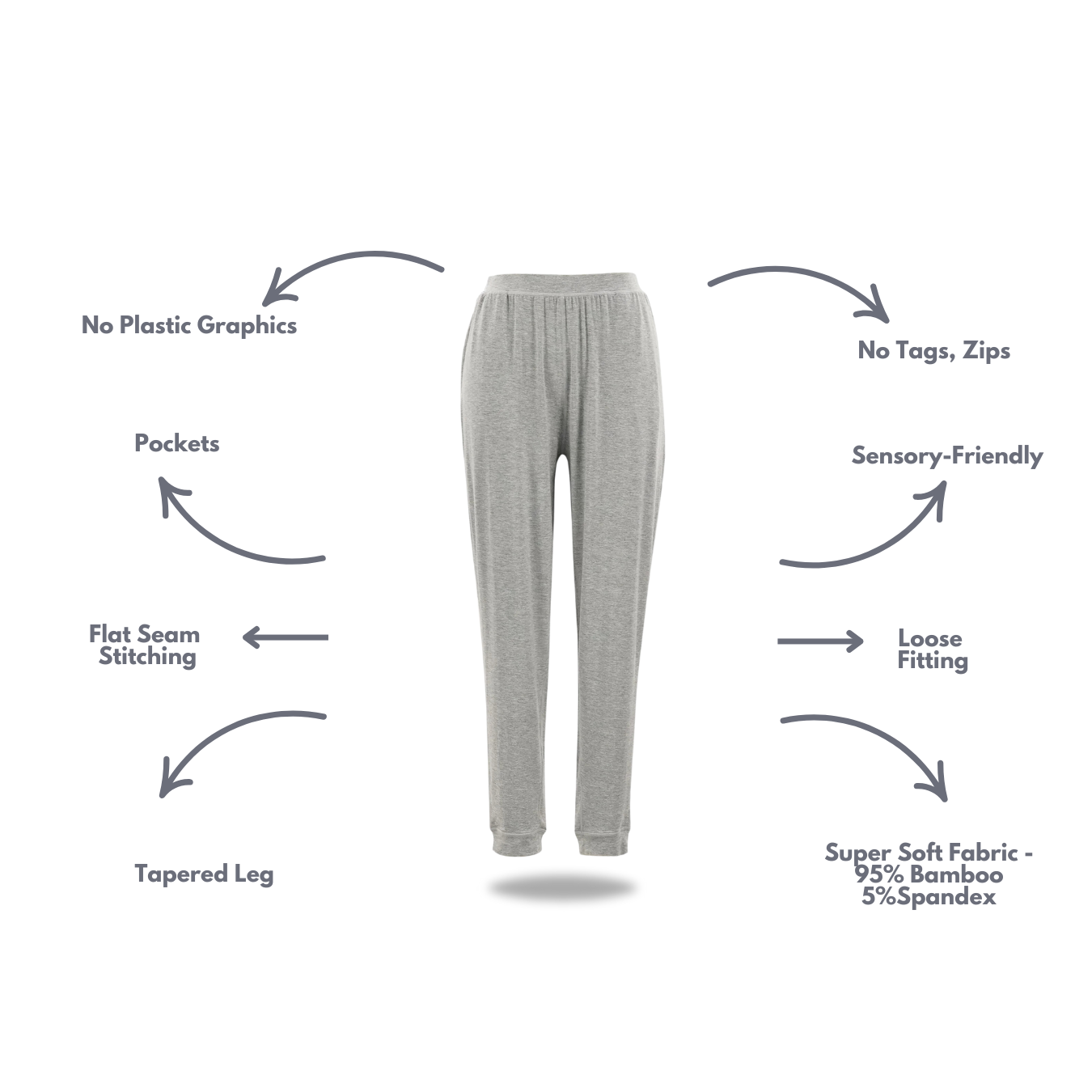 Adult Long Grey Marle Lounge Pants from Comfort on the Spectrum with attached Sensory features.
