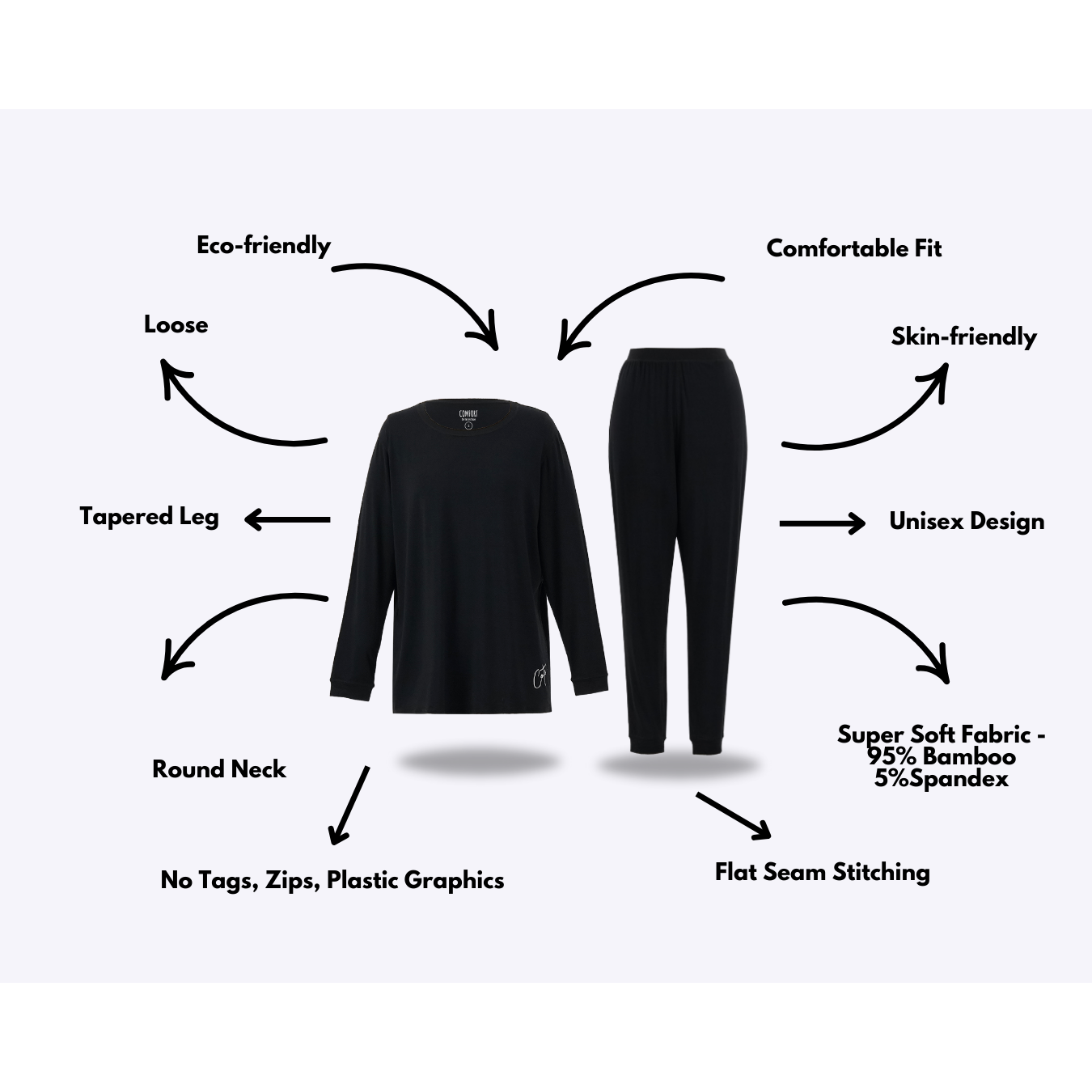 Adult Midnight Long Set from Comfort on the Spectrum with attached sensory features.