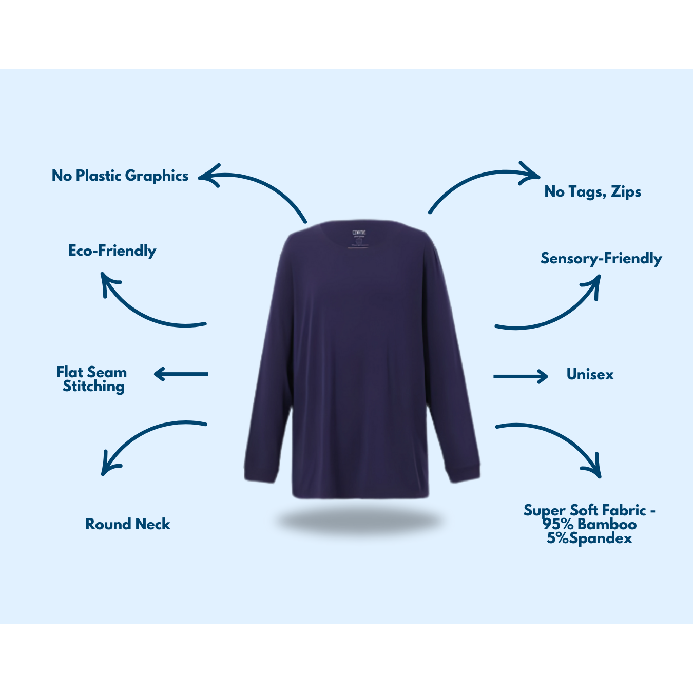 Adult Navy Long Sleeve Tops from Comfort on the Spectrum with attached sensory features.