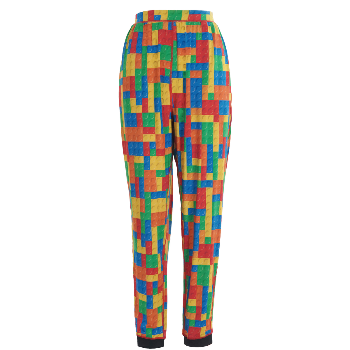 A pair of high-waisted cropped pants featuring a vibrant, multicolored geometric block pattern in red, blue, green, yellow, and orange, finished with solid black ribbed cuffs.