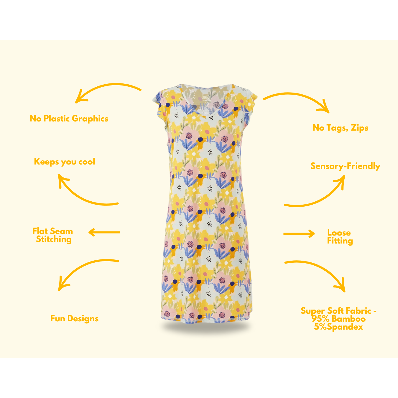 Adult Summertime Sleeveless Nightdress from Comfort on the Spectrum with sensory features.