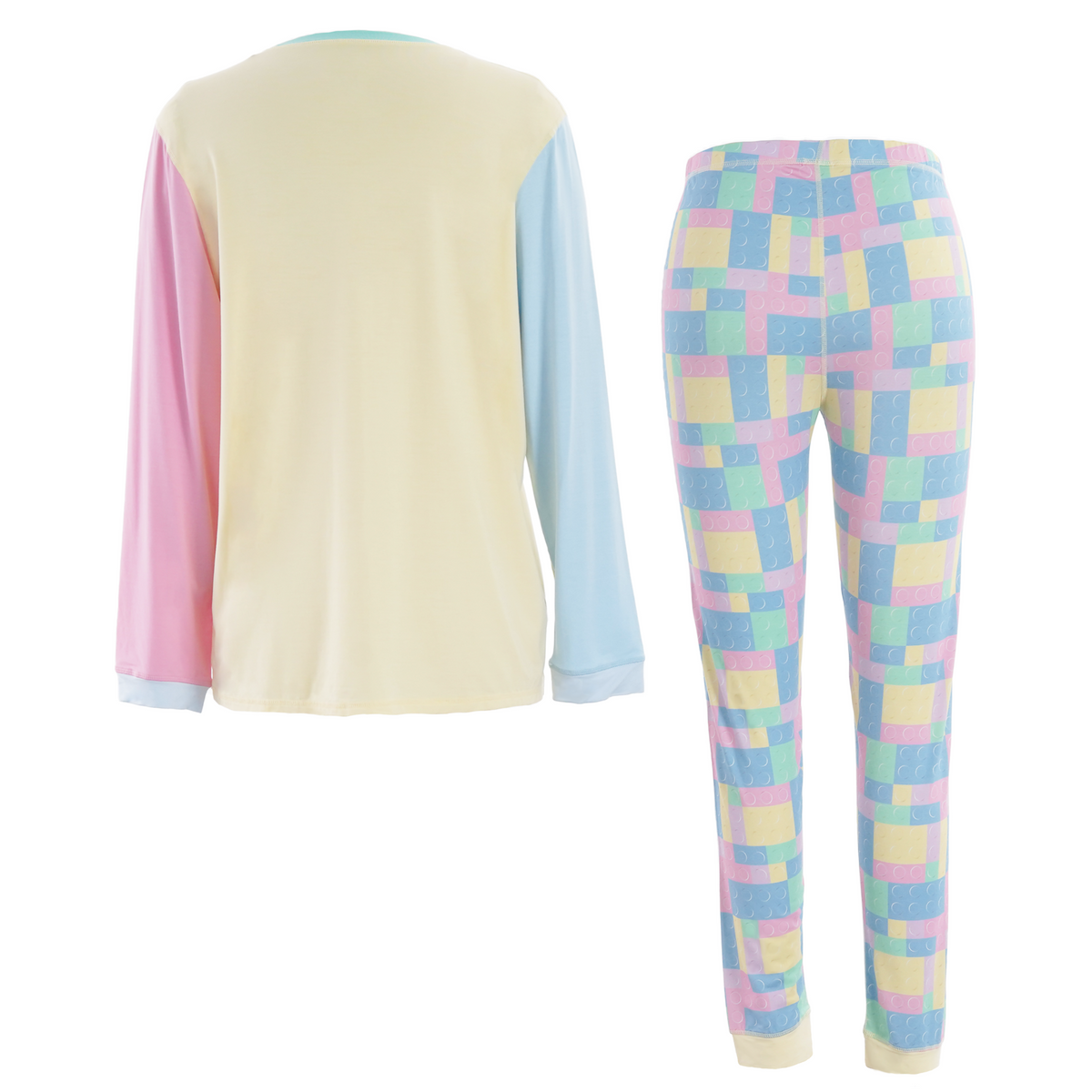 A two-piece pajama set shown from the back on a white background, featuring a long-sleeve top with a pastel yellow body, pink left sleeve, and light blue right sleeve, paired with matching multicolor geometric print pants.