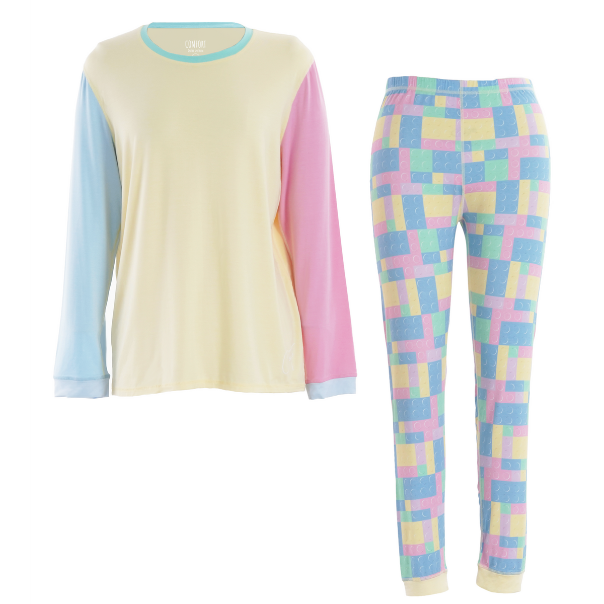 A two-piece pajama set featuring a long-sleeve top with a pastel yellow body, light blue right sleeve, and pink left sleeve, paired with matching patterned leggings in pastel yellow, pink, blue, and mint green.