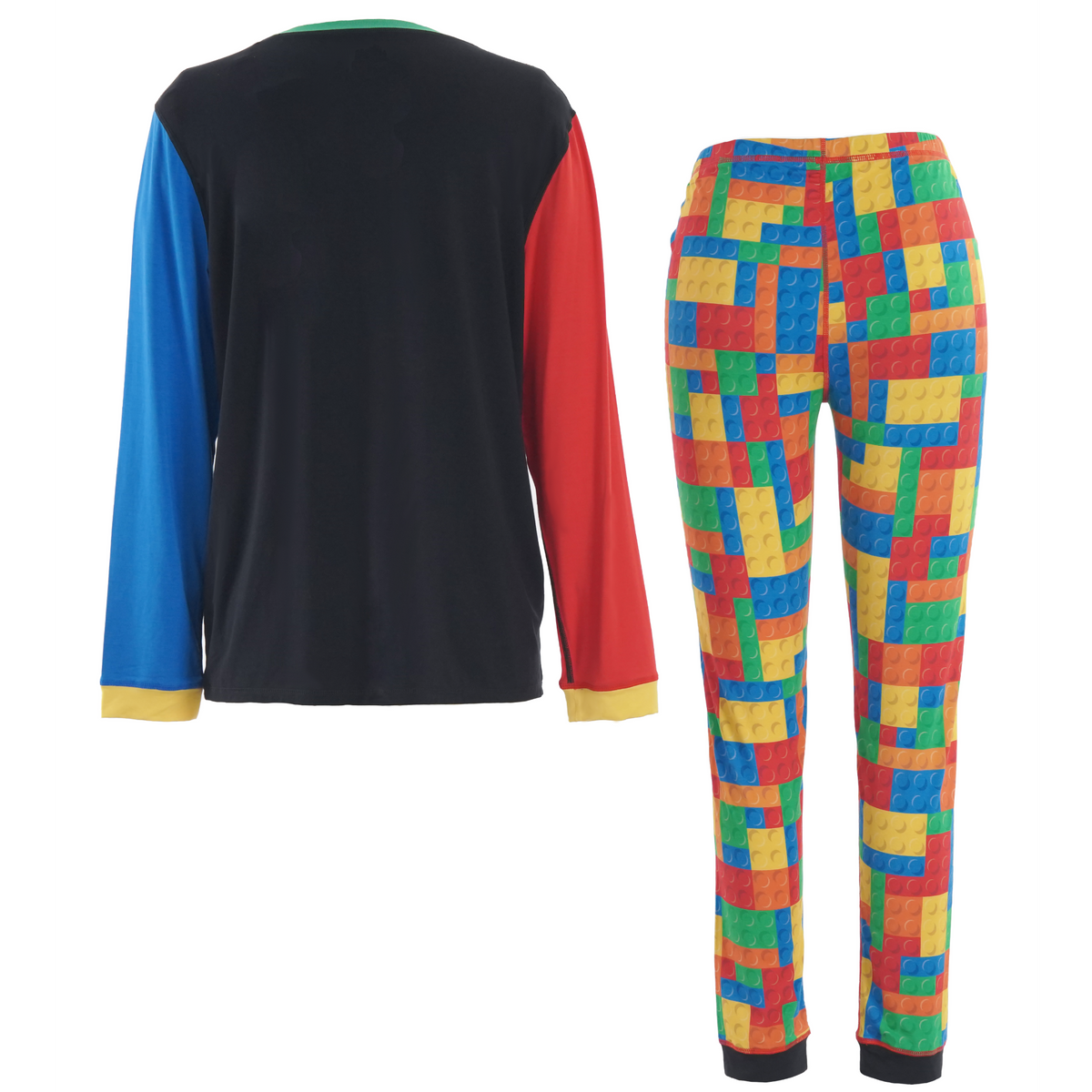 A two-piece children's outfit shown from both front and back: a long-sleeve top with a black body and bright blue, red, green, and yellow sleeve/cuff accents, paired with matching multicolor leggings featuring a block-pattern design.