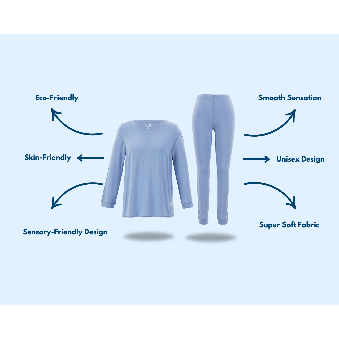 Kids Blueberry Long Set from Comfort on the Spectrum with attached sensory features.