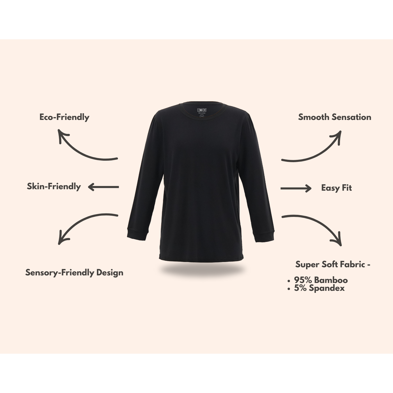 Kids Midnight Long Sleeve Tops from Comfort on the Spectrum with attached sensory features.
