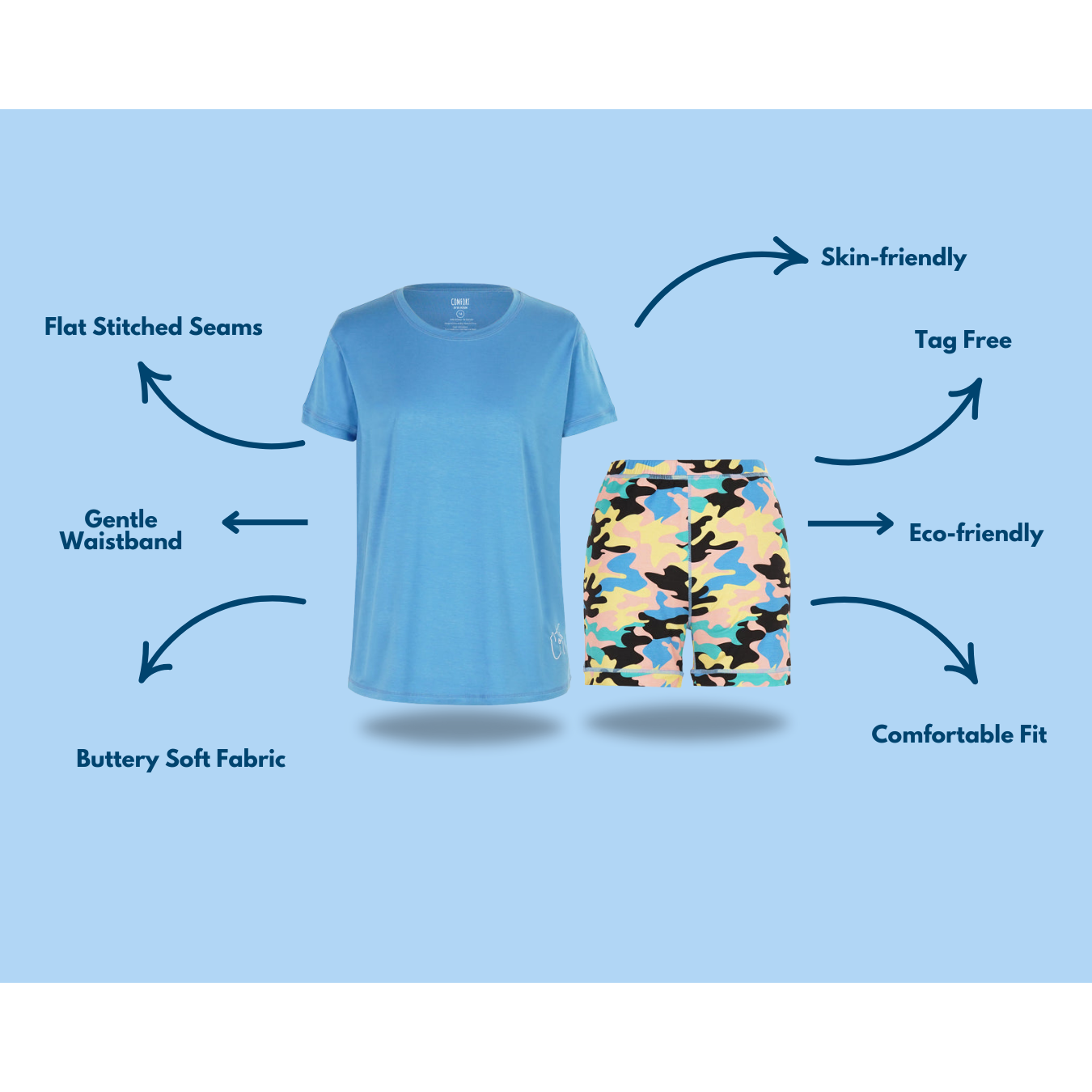 Kids Camo Chill Short Set from Comfort on the Spectrum with attached Sensory features.