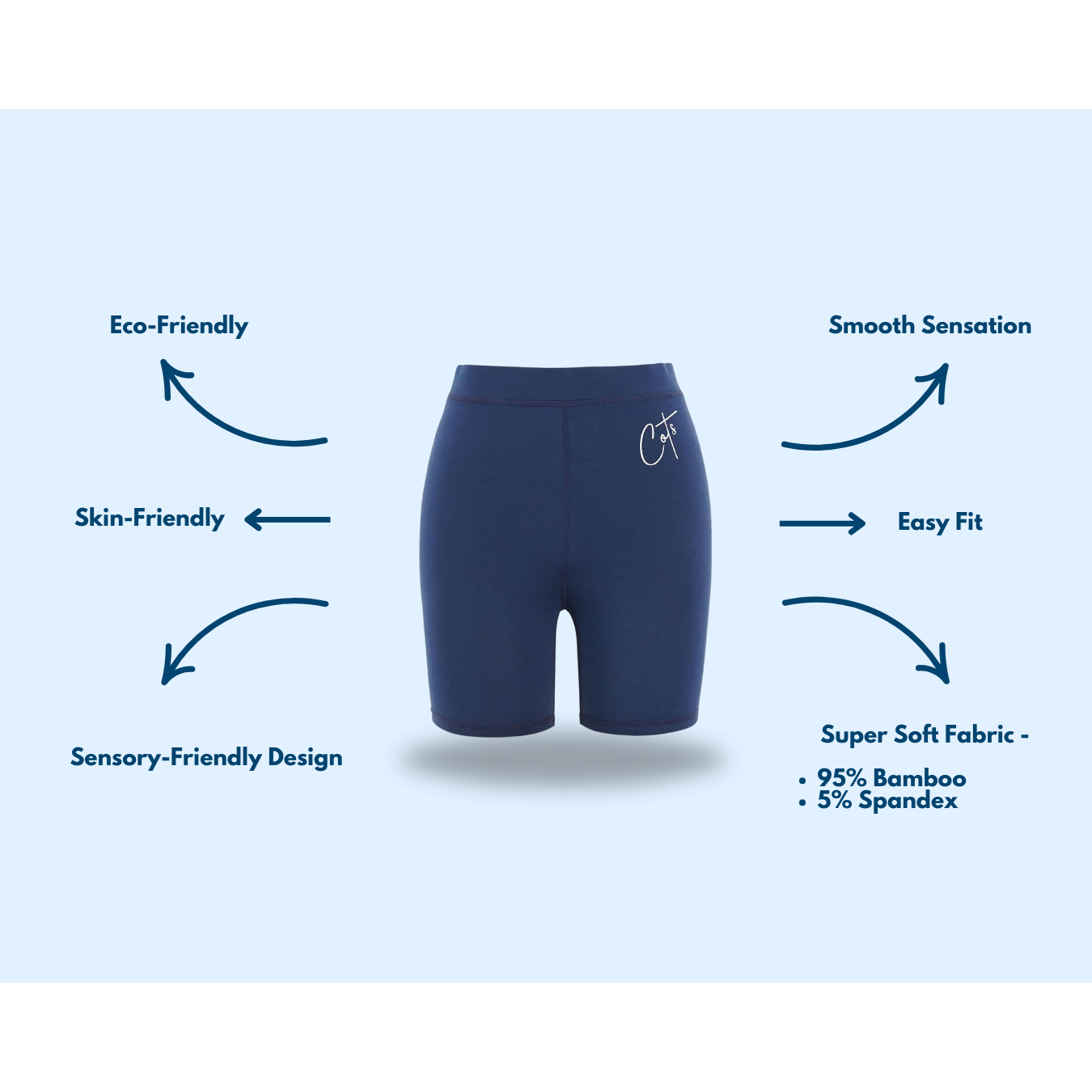 Kids Navy Snug Short from Comfort on the Spectrum with attached Sensory features.