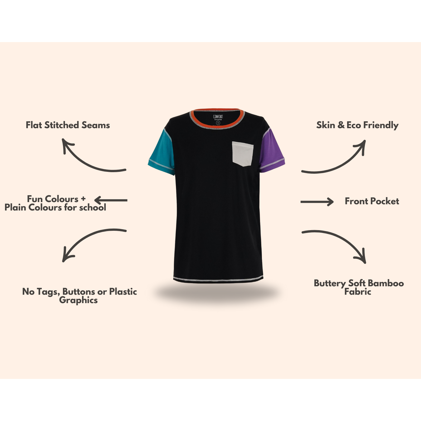 Kids Skittles T-shirt  from Comfort on the Spectrum with attached sensory features.