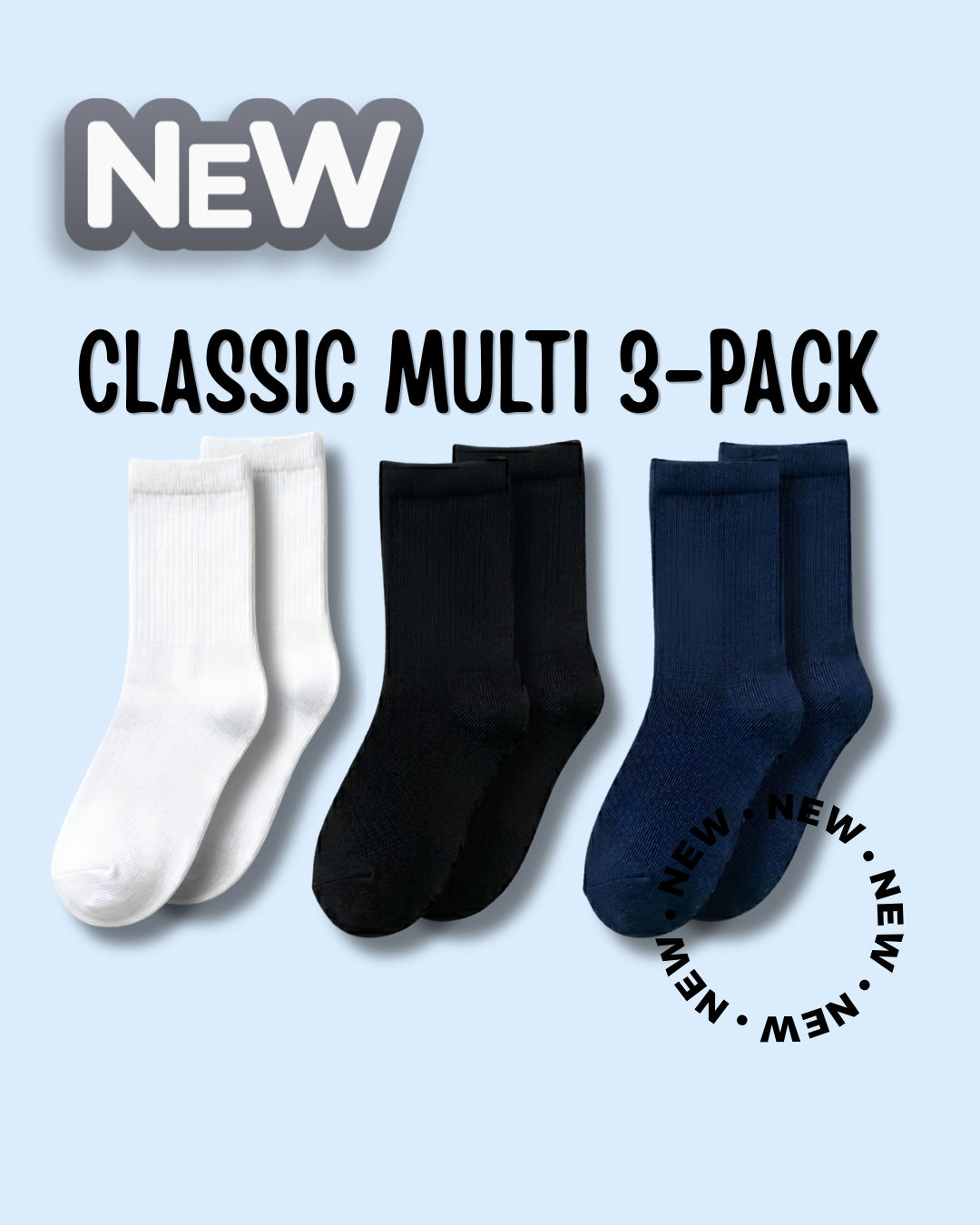 Kids Classic Soothe Step™ Sensory Socks - 3 Pack (Black, White, Navy)