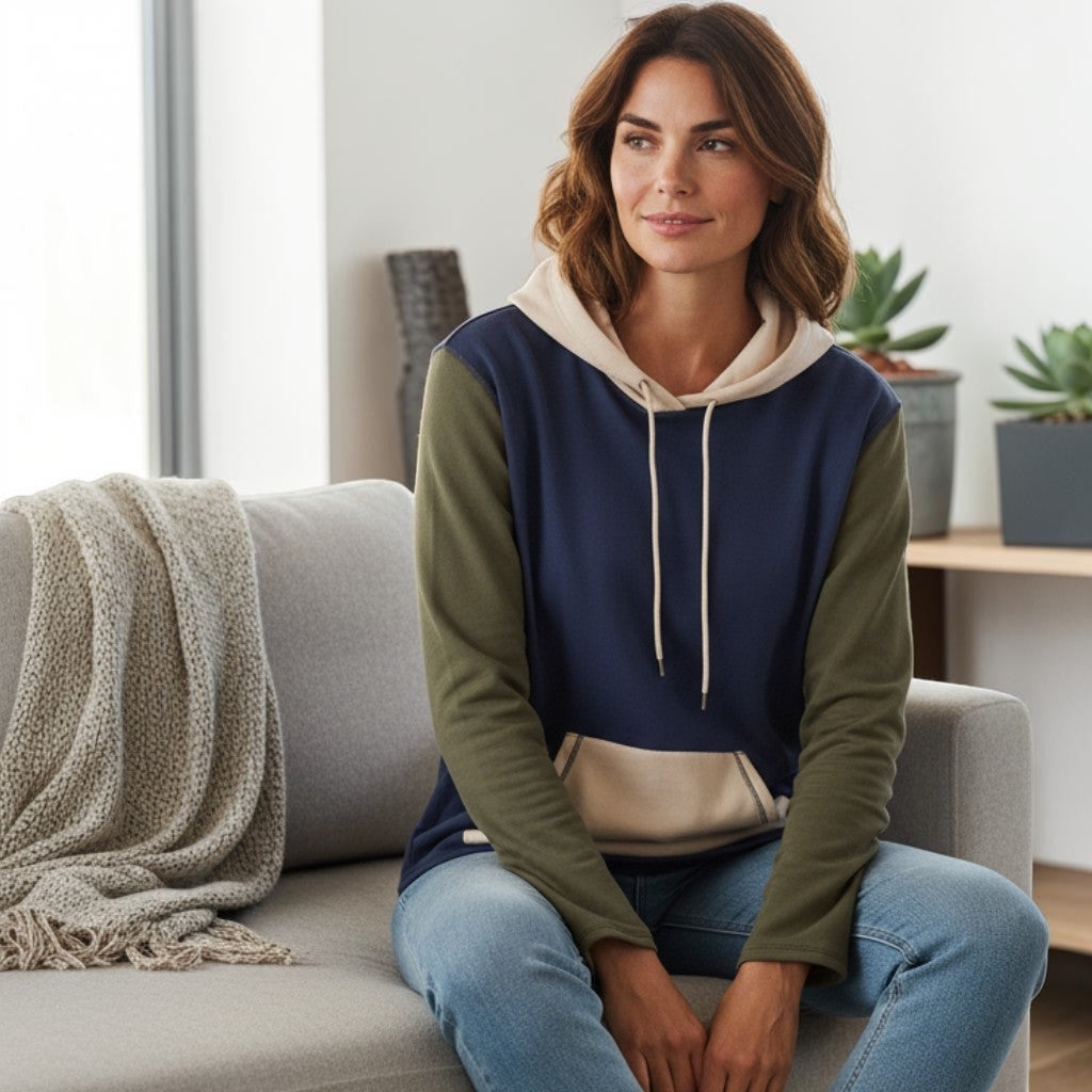 Comfort on the Spectrum Adult Sensory-Friendly Hoodie in navy, olive green, and beige. Bamboo-cotton blend with oversized hood and pouch pocket.