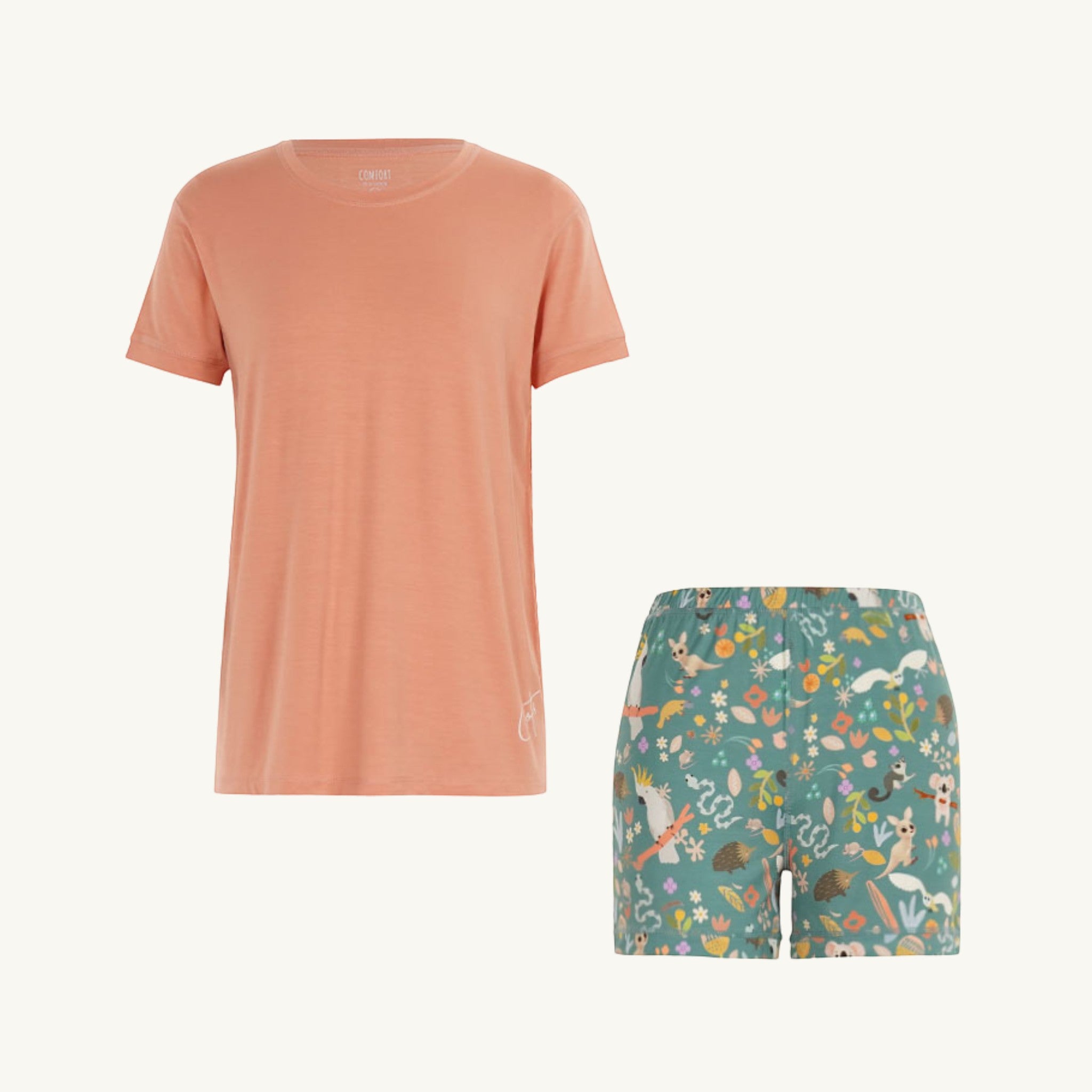 Comfort on the Spectrum coral bamboo short set with Australian native animal print shorts.