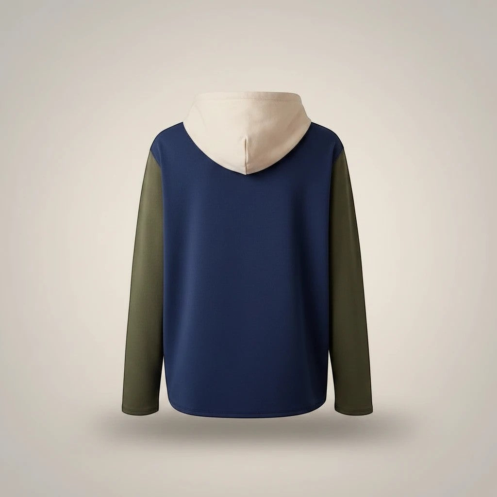 Comfort on the Spectrum Adult Hoodie in Evergreen colorway. Features navy blue body, olive green sleeves, and cream hood. Bamboo-cotton blend.