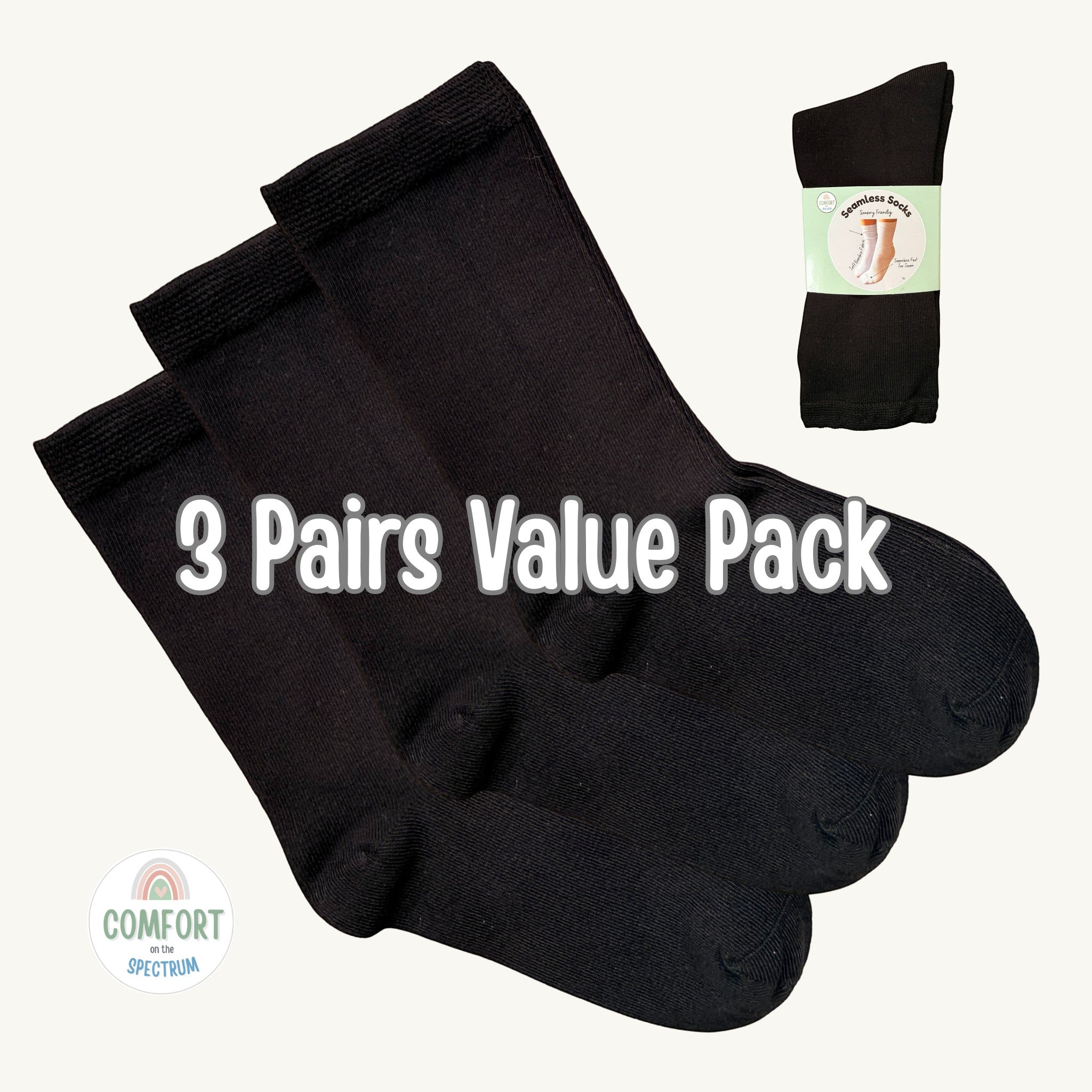 Comfort on the Spectrum black seamless sensory socks for kids, 3 pairs value pack, bamboo blend, mid-length.