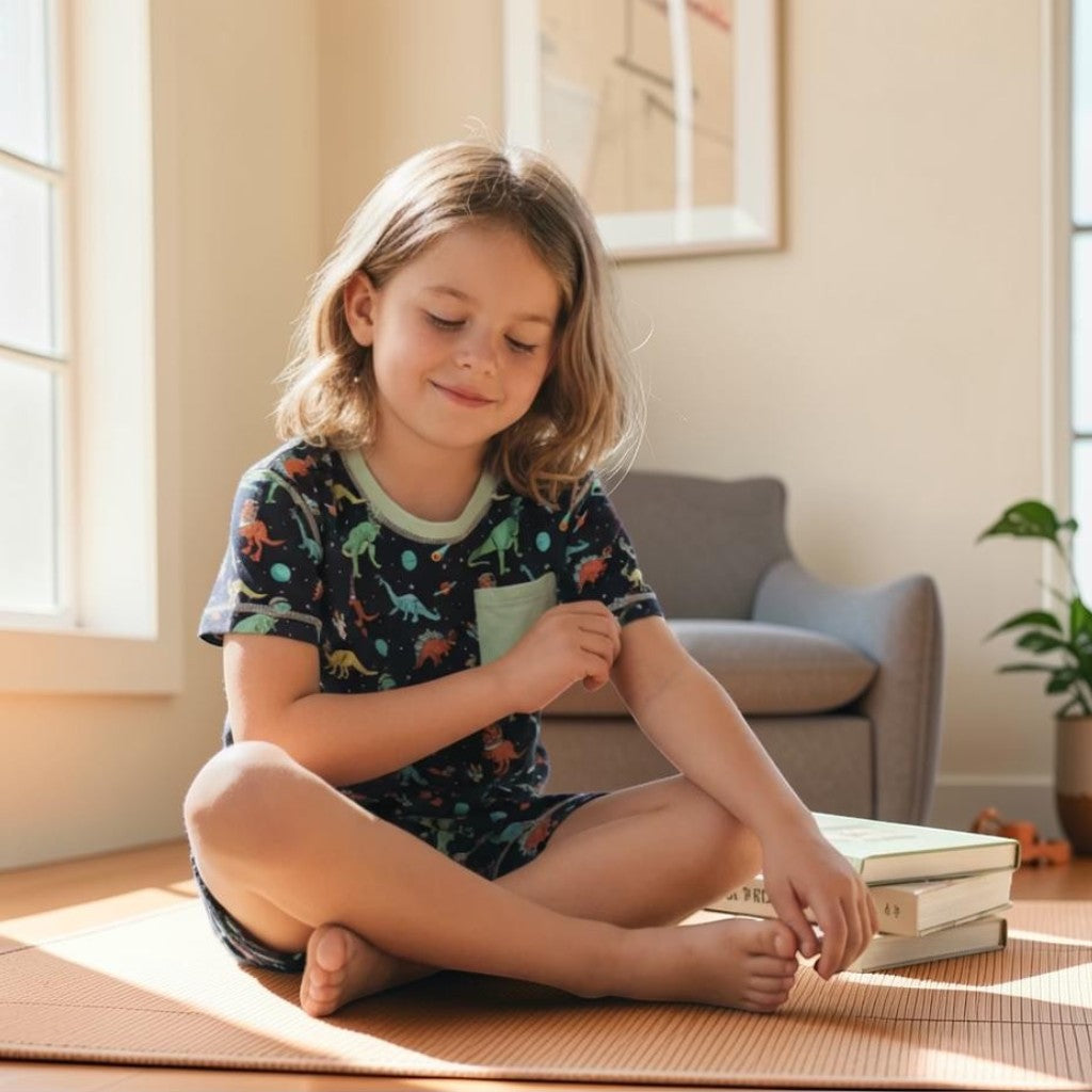 Comfort on the Spectrum kids t-shirt with navy blue background and colorful dinosaur print. Features a light blue pocket and trim.