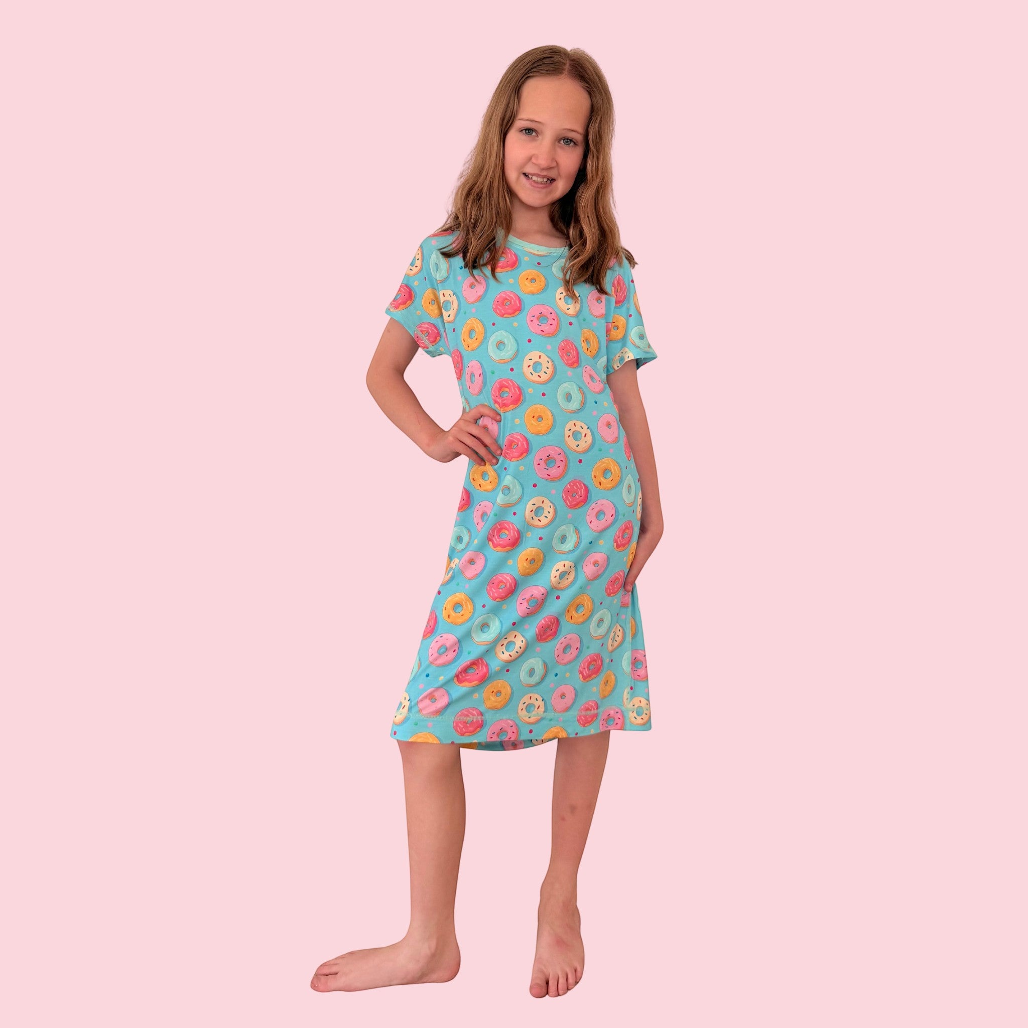 Comfort on the Spectrum kids blue short-sleeve nightdress with colorful donut print, bamboo blend, size 8.