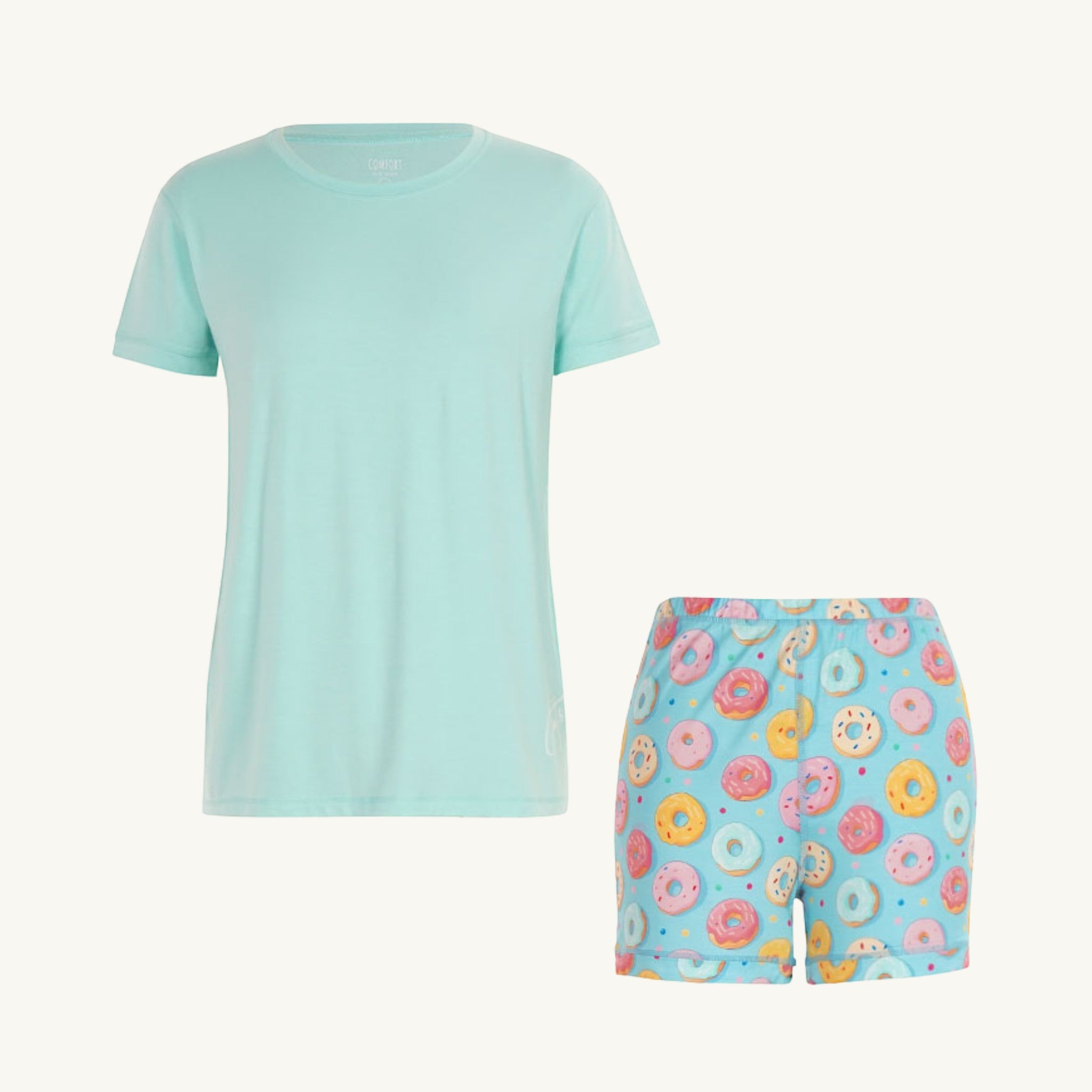 Comfort on the Spectrum kids short set in aqua with a donut print. Made from soft bamboo blend fabric.