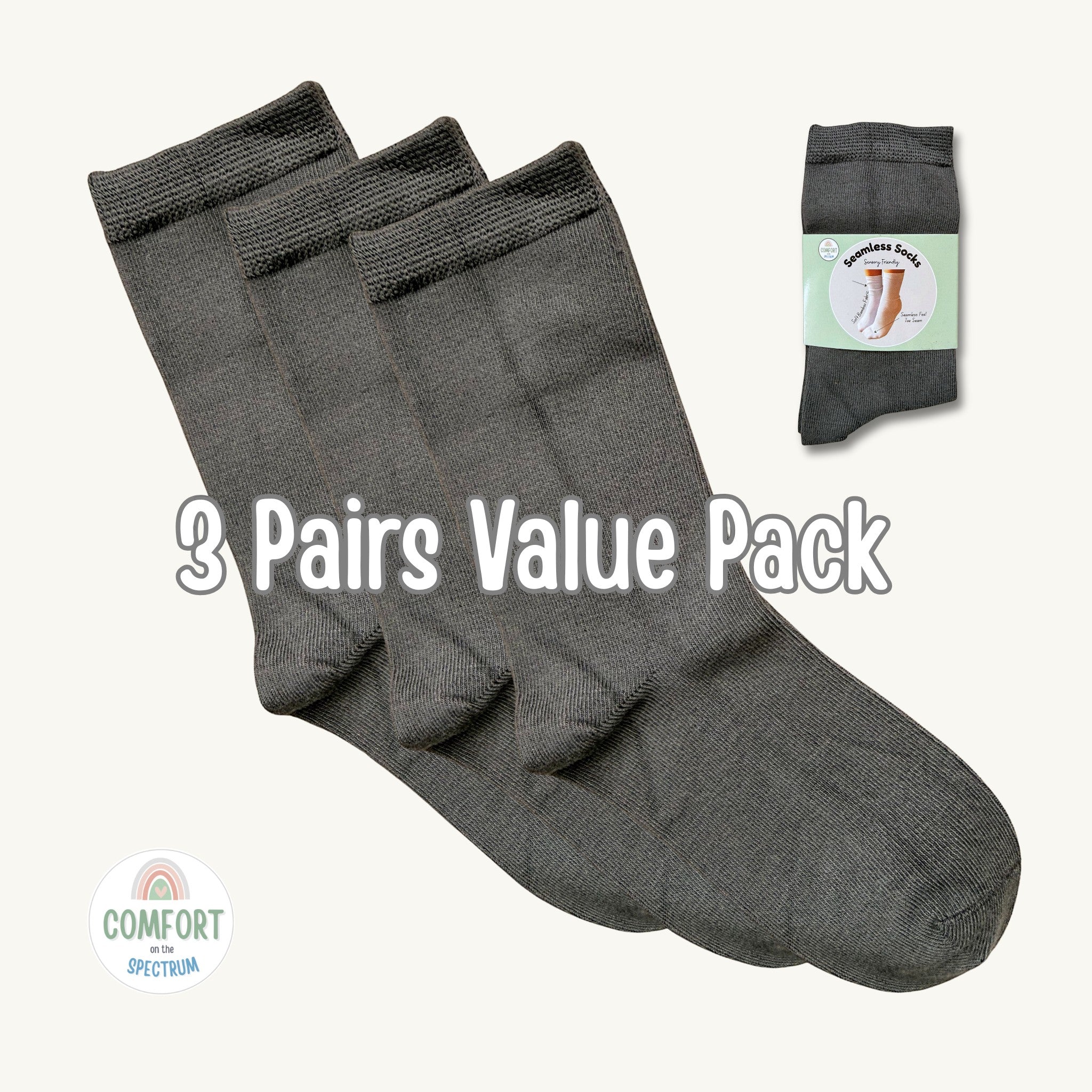 Comfort on the Spectrum grey seamless sensory socks for kids, bamboo blend, mid-length fit, 3 pairs value pack.