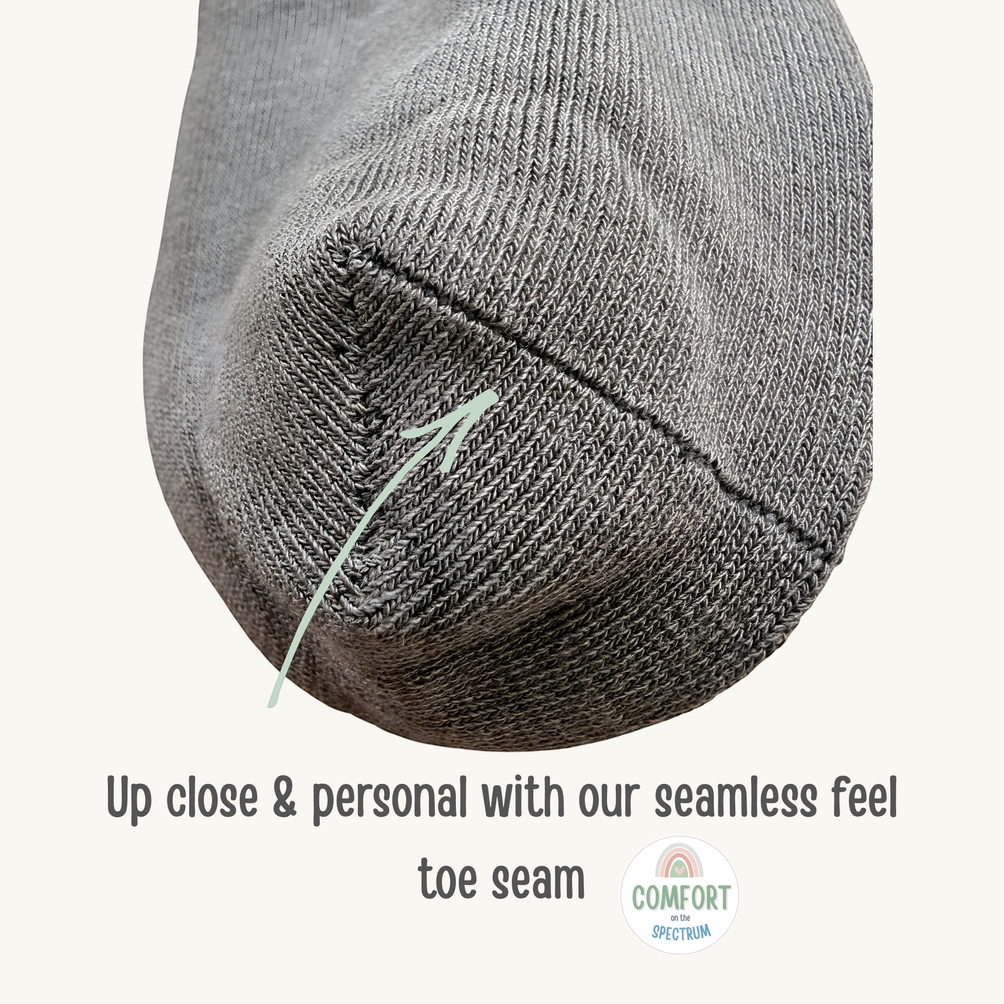 Comfort on the Spectrum grey kids seamless toe sensory socks, made from bamboo/cotton blend.