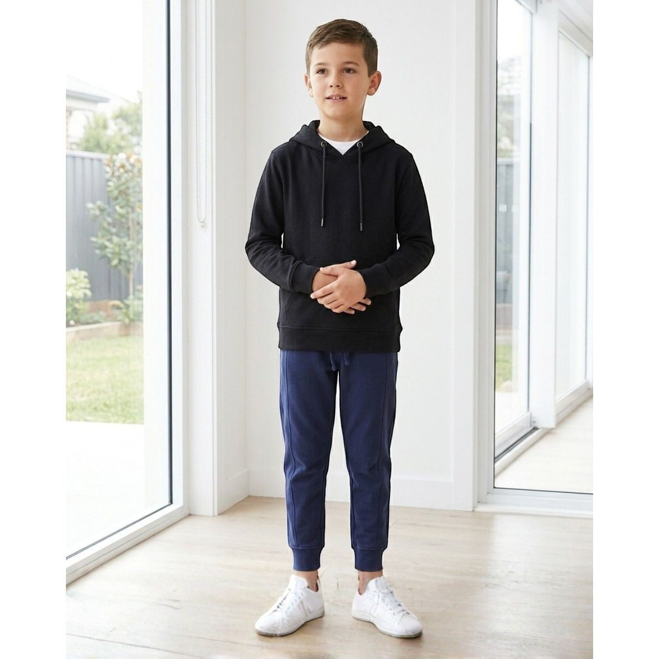 Comfort on the Spectrum black bamboo-cotton blend sensory-friendly hoodie for kids with pouch pocket and hood.