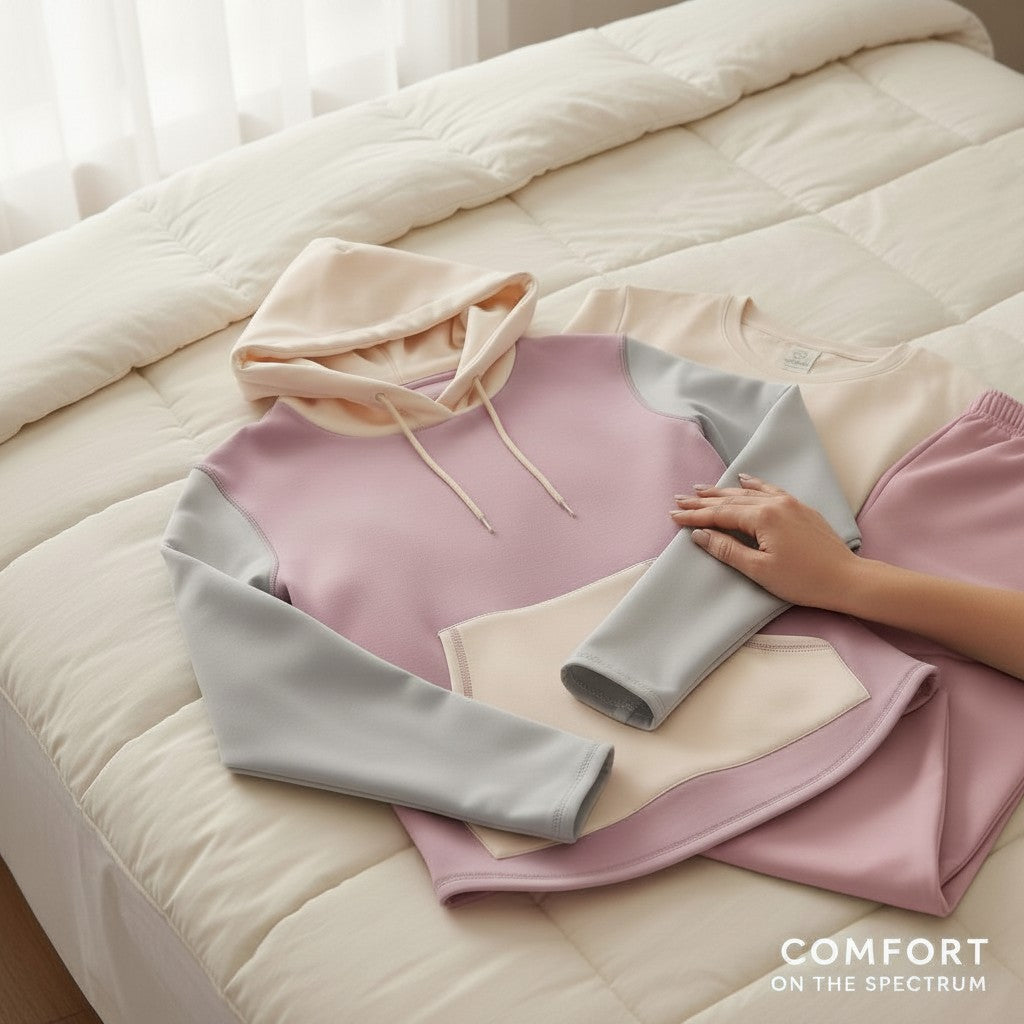 Comfort on the Spectrum kids colorblock hoodie in peony, cream, and grey. Bamboo-cotton blend with pouch pocket.