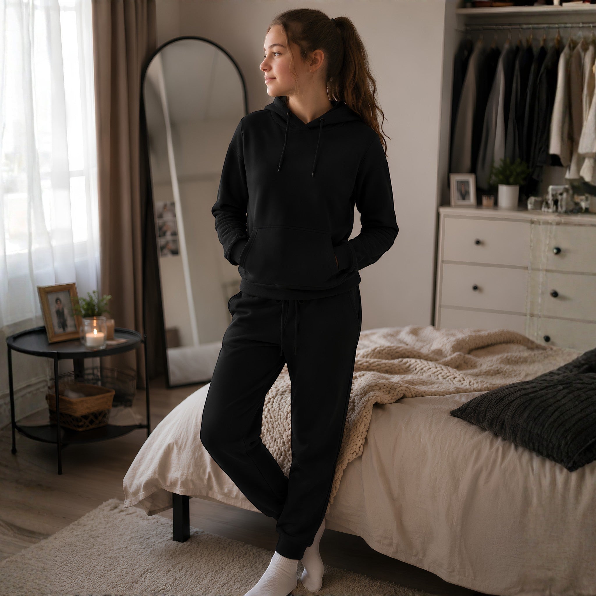 Comfort on the Spectrum black bamboo-cotton blend sensory-friendly hoodie and joggers set worn by a teen girl.