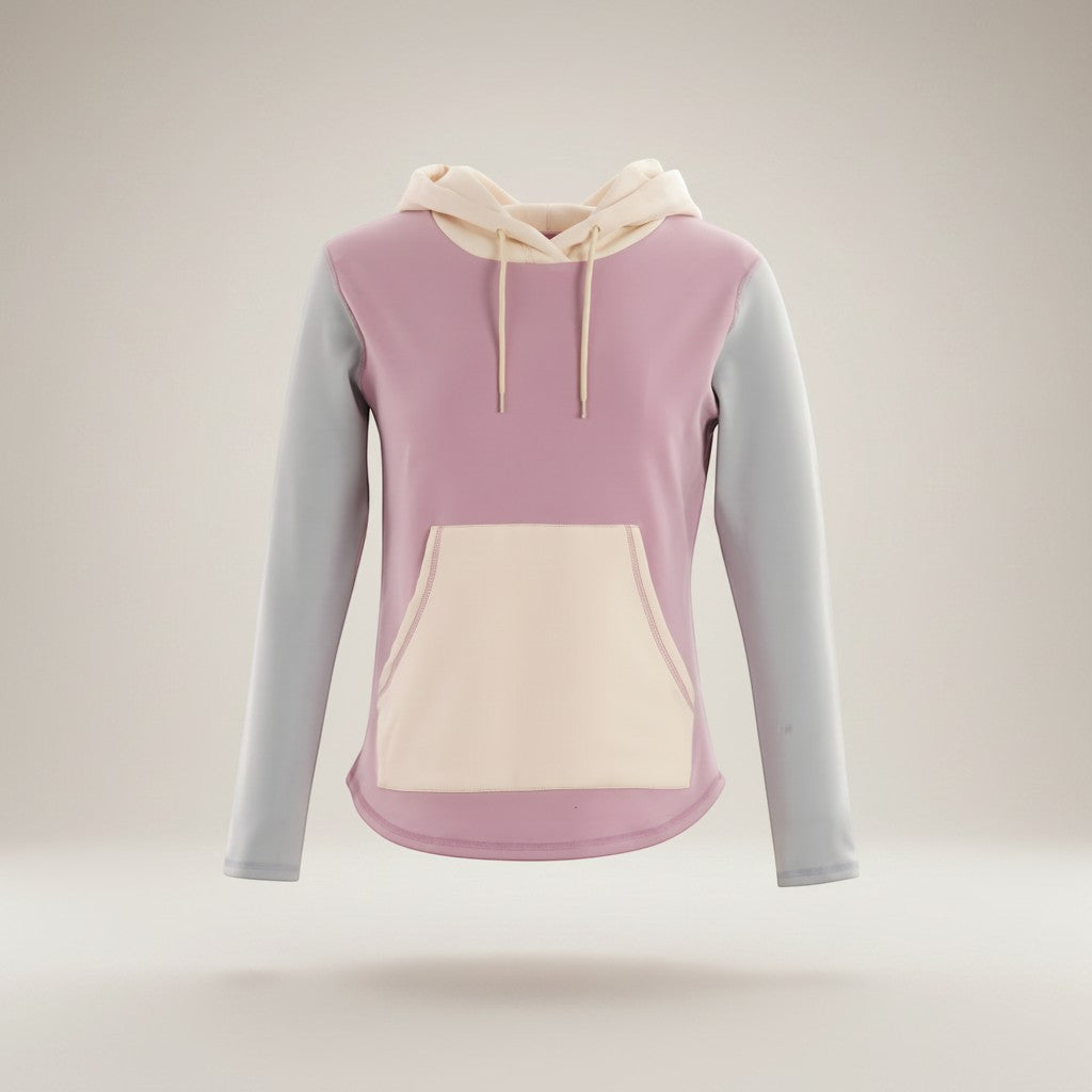 Comfort on the Spectrum Kids Sensory-Friendly Hoodie in Peony, a soft pink with light grey sleeves and cream pocket.