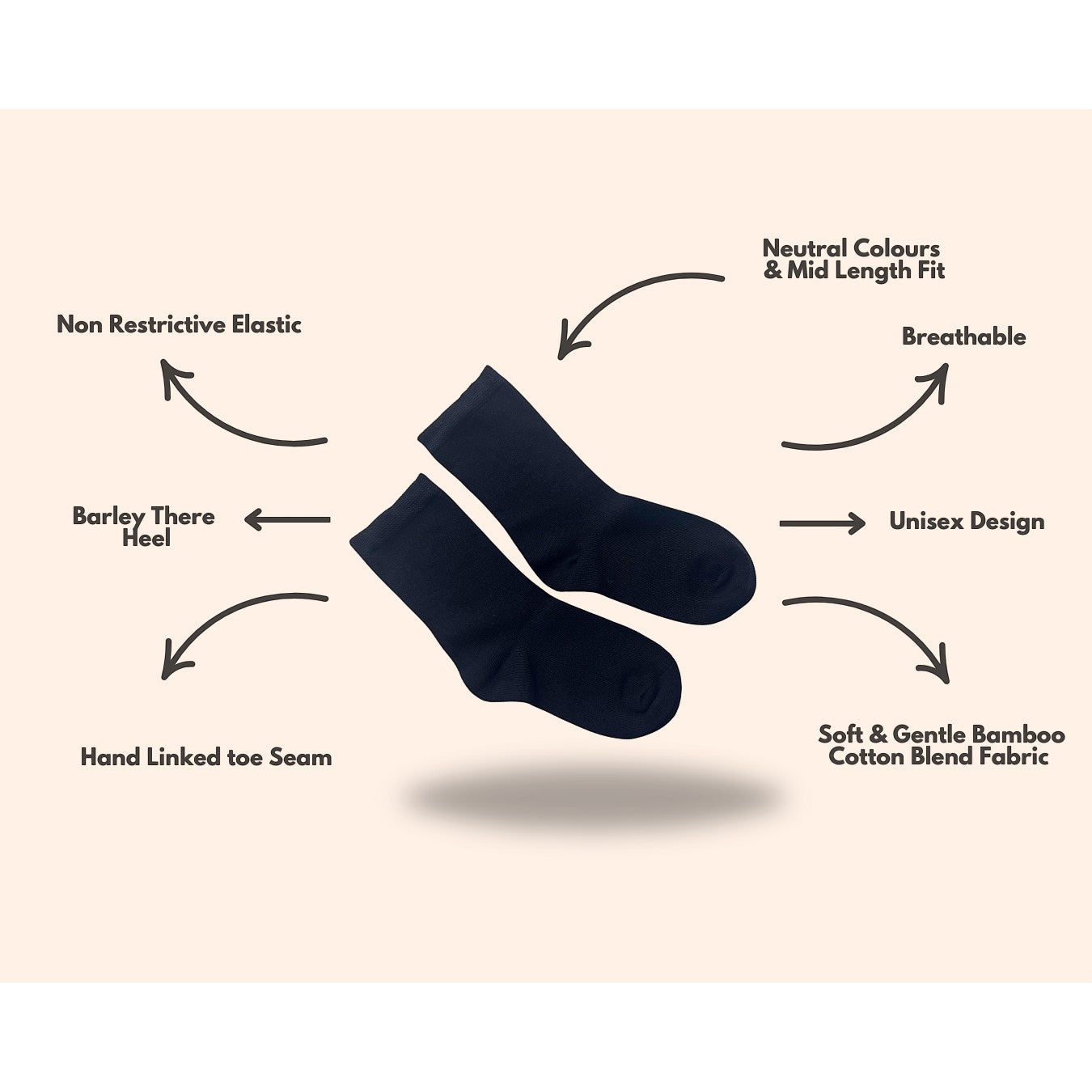 Comfort on the Spectrum black sensory socks for kids, made from bamboo/cotton blend with seamless toe and non-restrictive elastic.