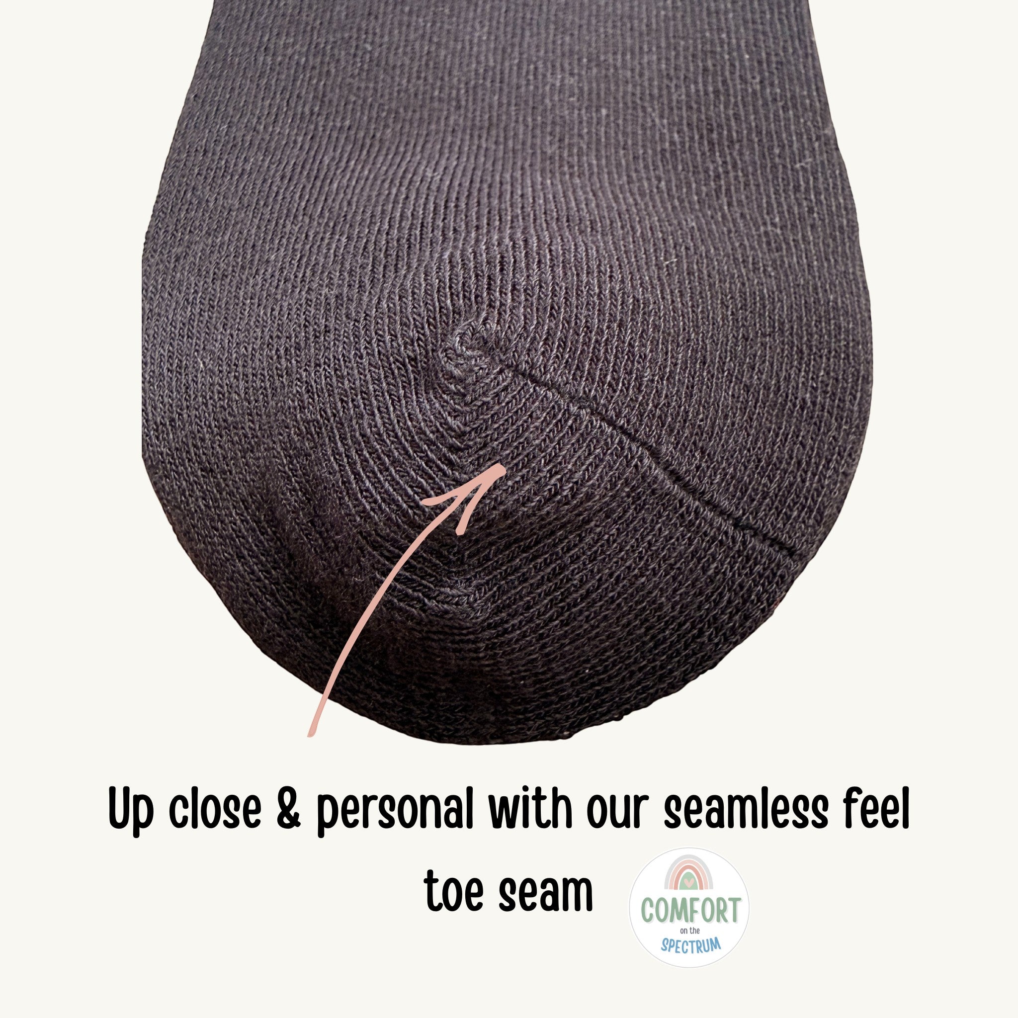 Comfort on the Spectrum black seamless toe seam kids sensory socks made from bamboo blend.