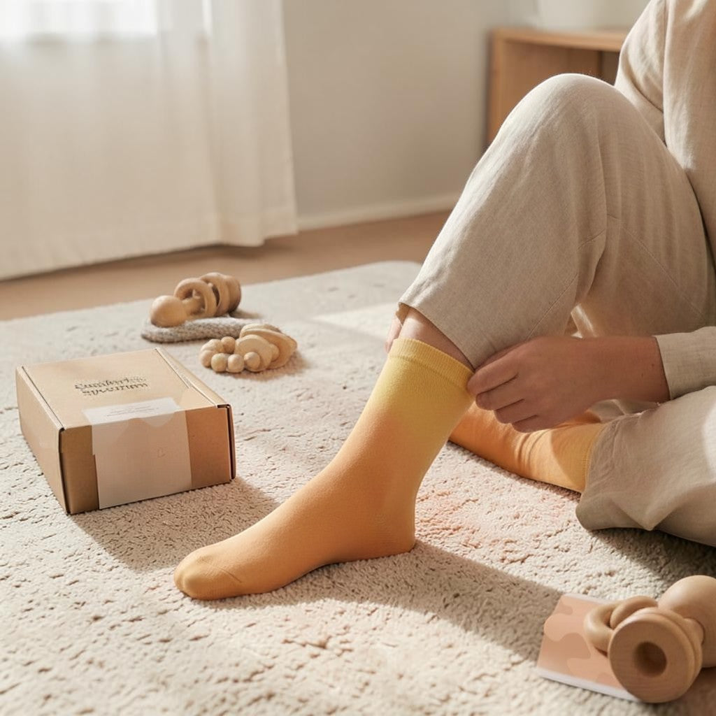 Comfort on the Spectrum Kids Sweet Step Sensory Socks in Tropical Twist, yellow and orange bamboo blend, quarter-length.