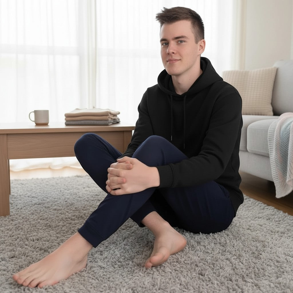 Comfort on the Spectrum navy bamboo lounge pants with tapered leg and pockets, worn by a man sitting on a rug.