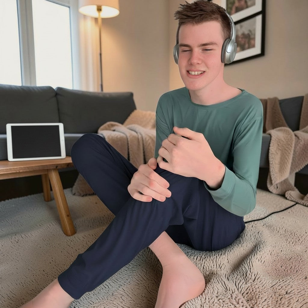 Comfort on the Spectrum navy bamboo lounge pants with flat seams and tapered leg, worn by a young man relaxing at home.