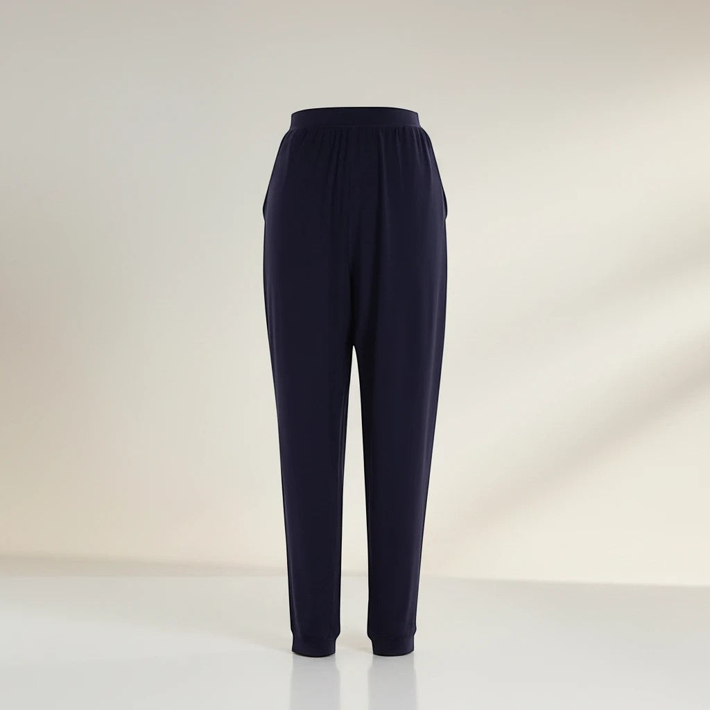 Comfort on the Spectrum navy bamboo lounge pants with pockets and tapered leg.