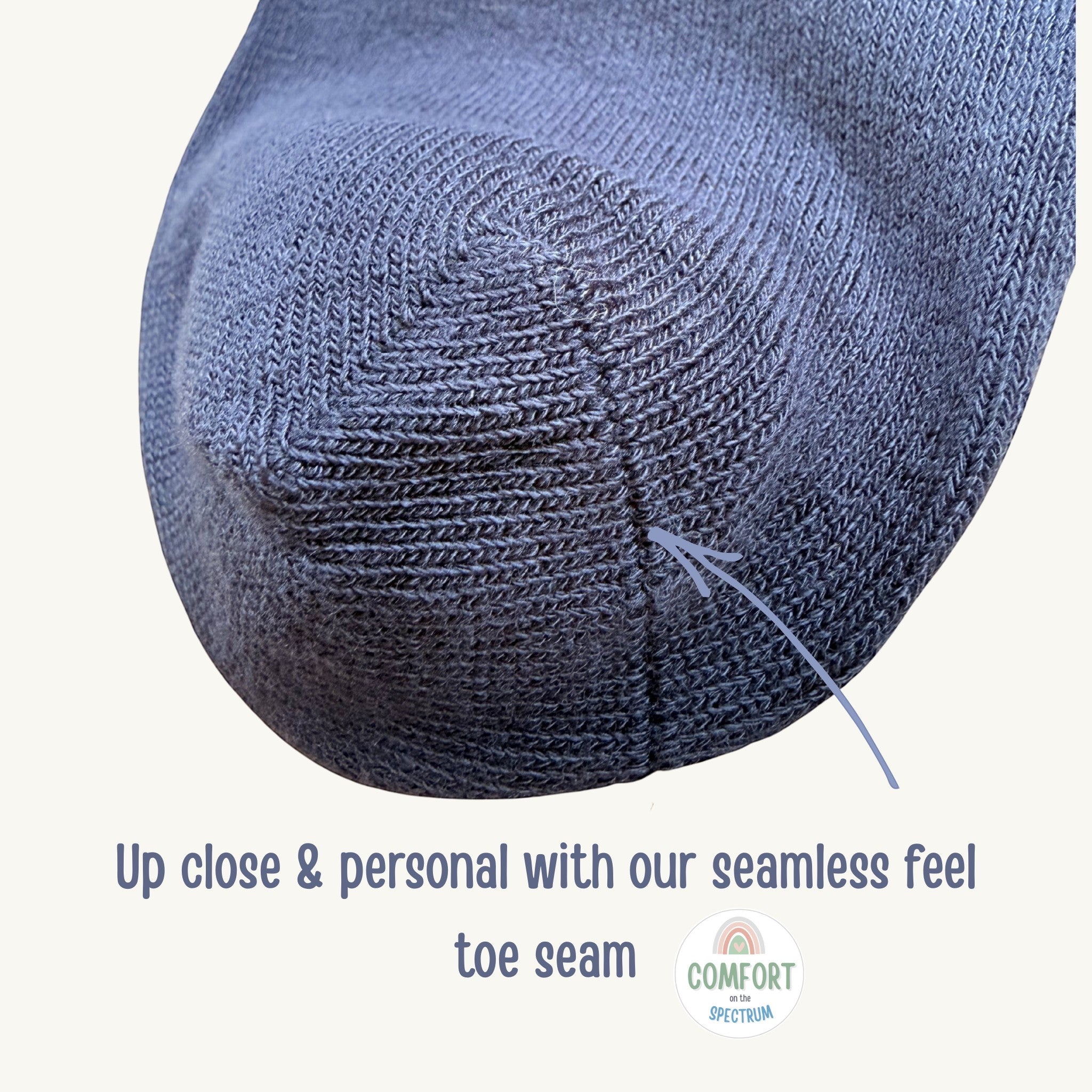 Comfort on the Spectrum navy blue kids' sensory socks with a seamless toe seam made from a bamboo blend.