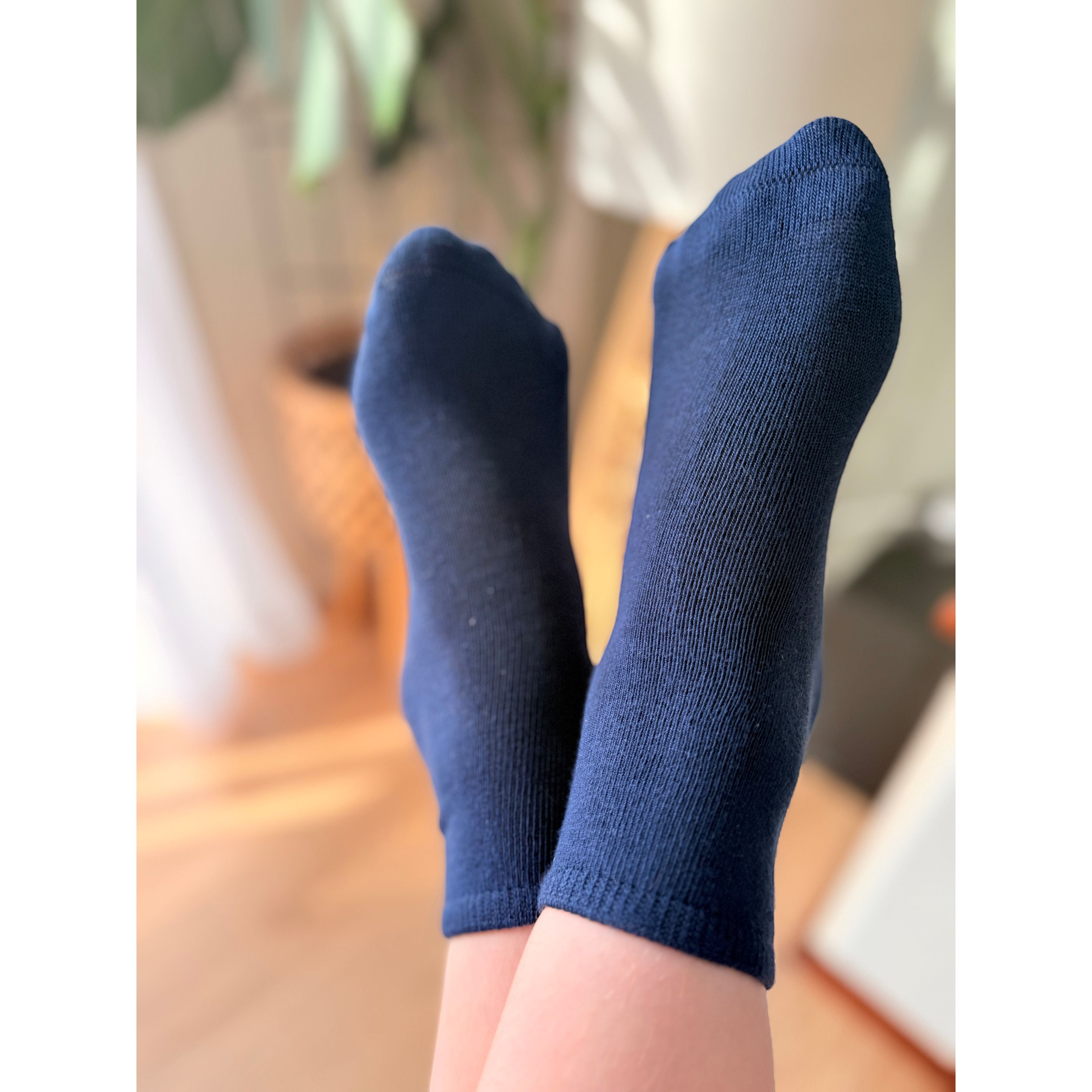 Comfort on the Spectrum navy blue sensory socks for kids, made from a soft bamboo blend with a seamless toe.