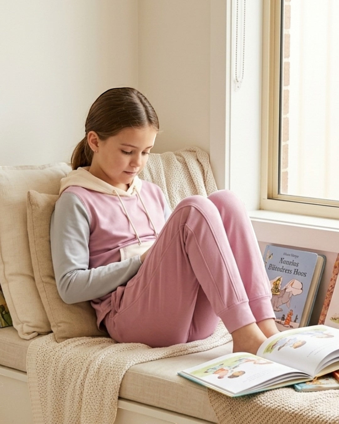Comfort on the Spectrum Peony hoodie and joggers set on a young girl reading. Bamboo-cotton blend.
