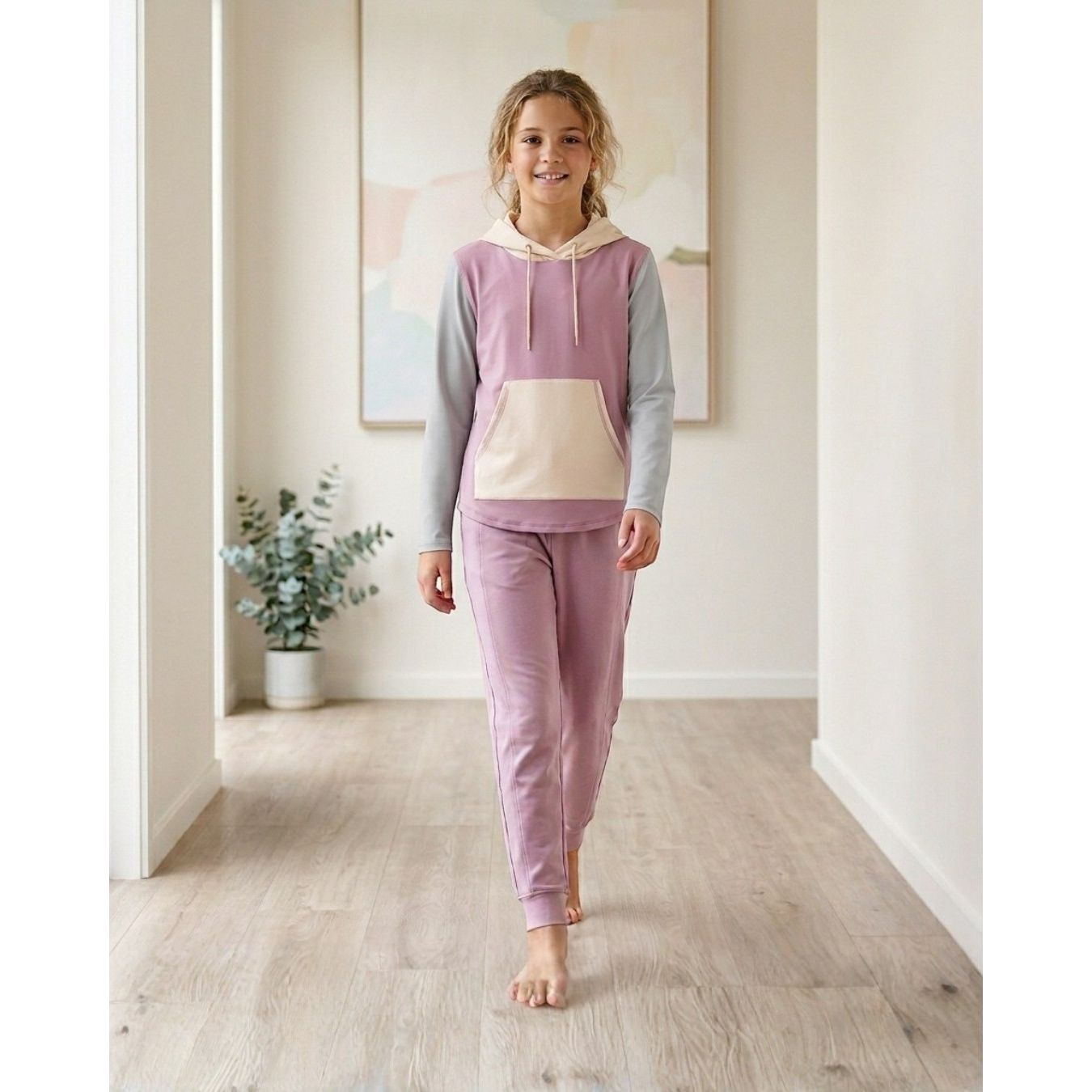 Comfort on the Spectrum girls' peony pink tracksuit pants with cream pocket detail and grey sleeves. Bamboo/cotton blend.