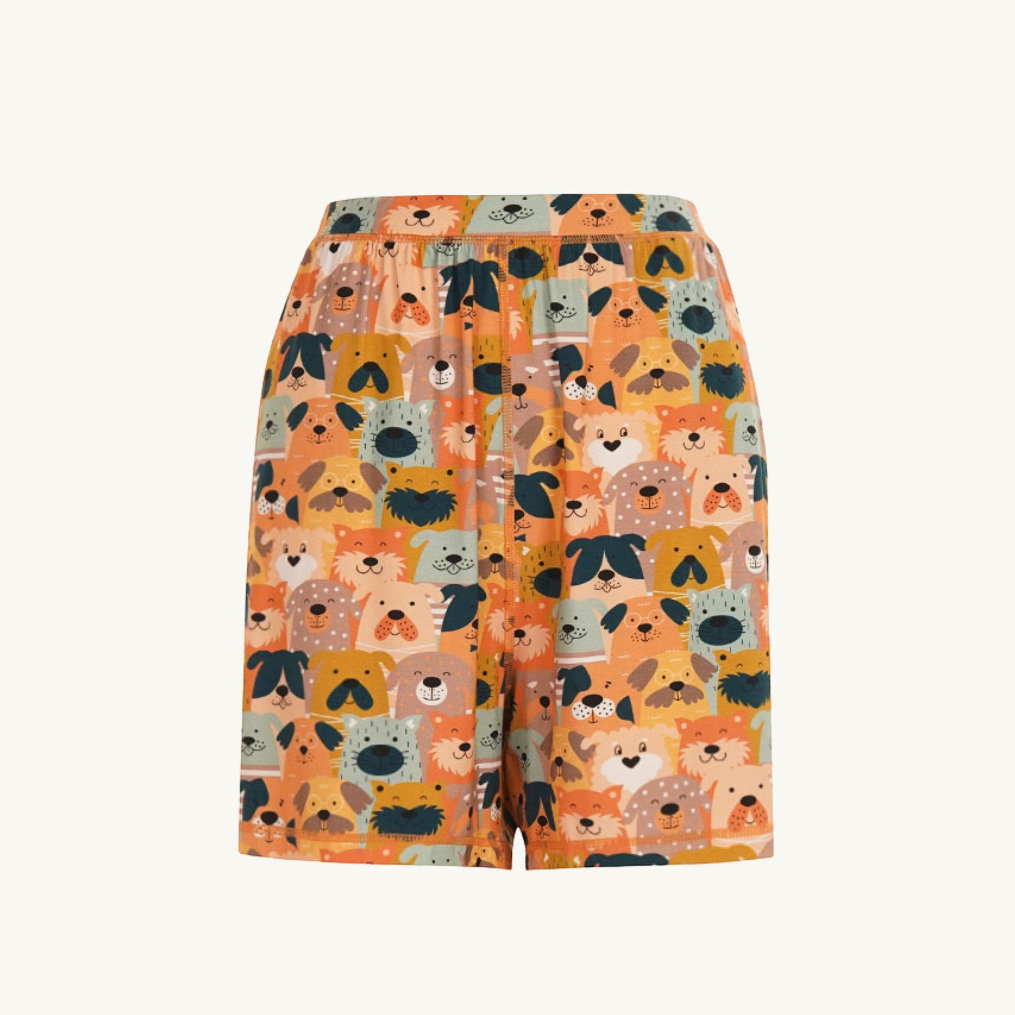 Comfort on the Spectrum adult sensory-friendly shorts in a puppy paws print, made from bamboo blend with flat seams and pockets.
