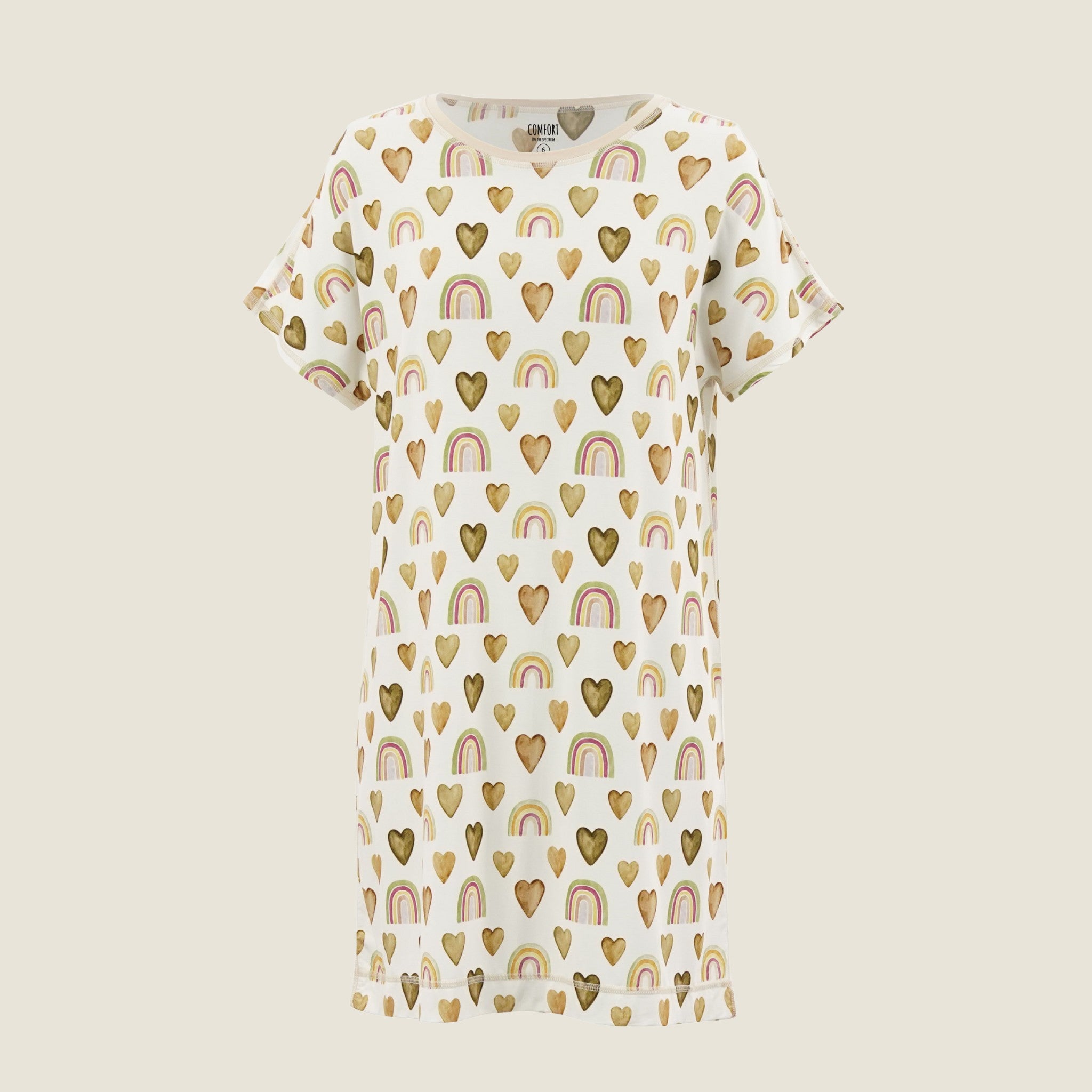 Comfort on the Spectrum adult nightdress in bamboo fabric with a repeating rainbow and heart pattern in muted earth tones.