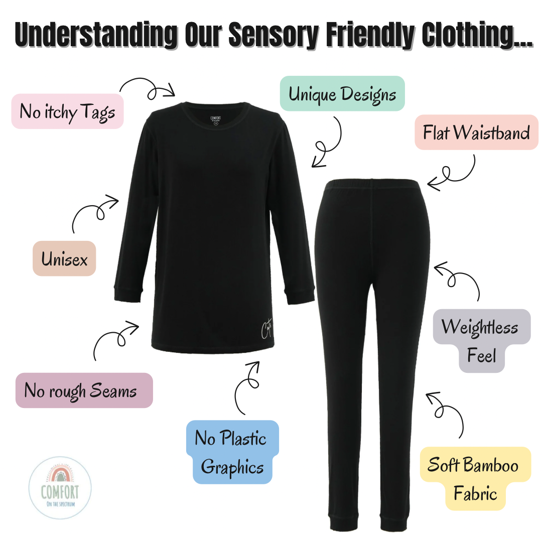 comfort on the spectrum black long set front view with listed features of the sensory clothing