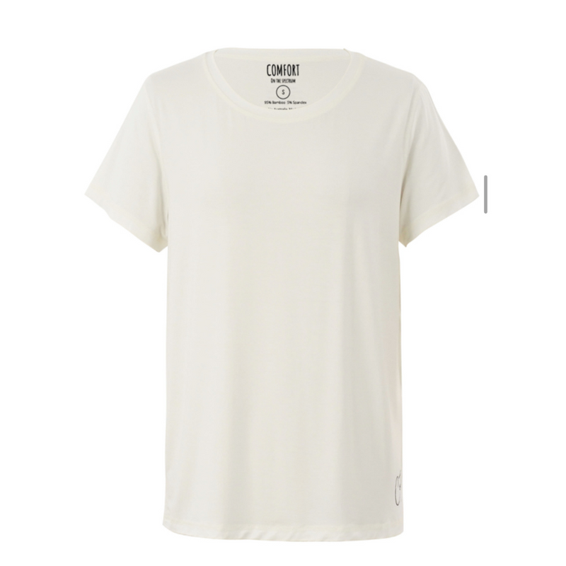 Product photo of white adult t shirt - the bamboo t shirt from Comfort on the Spectrum.