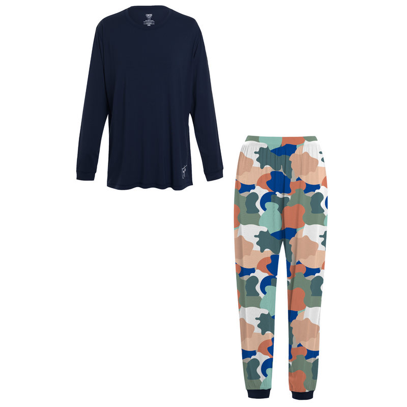 Product shot of camo  Long Set Pajamas for Teens & Kids from Comfort on the Spectrum.