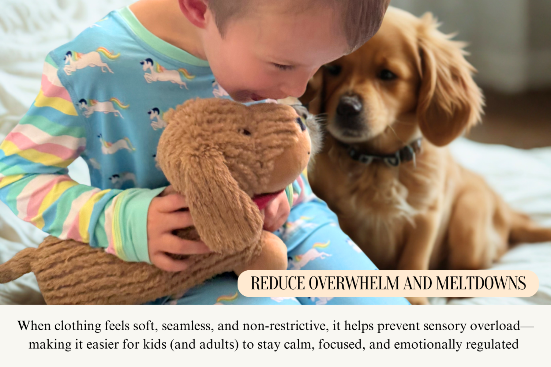Child smiling while holding a stuffed toy, sitting beside a calm dog – promoting sensory-friendly comfort.