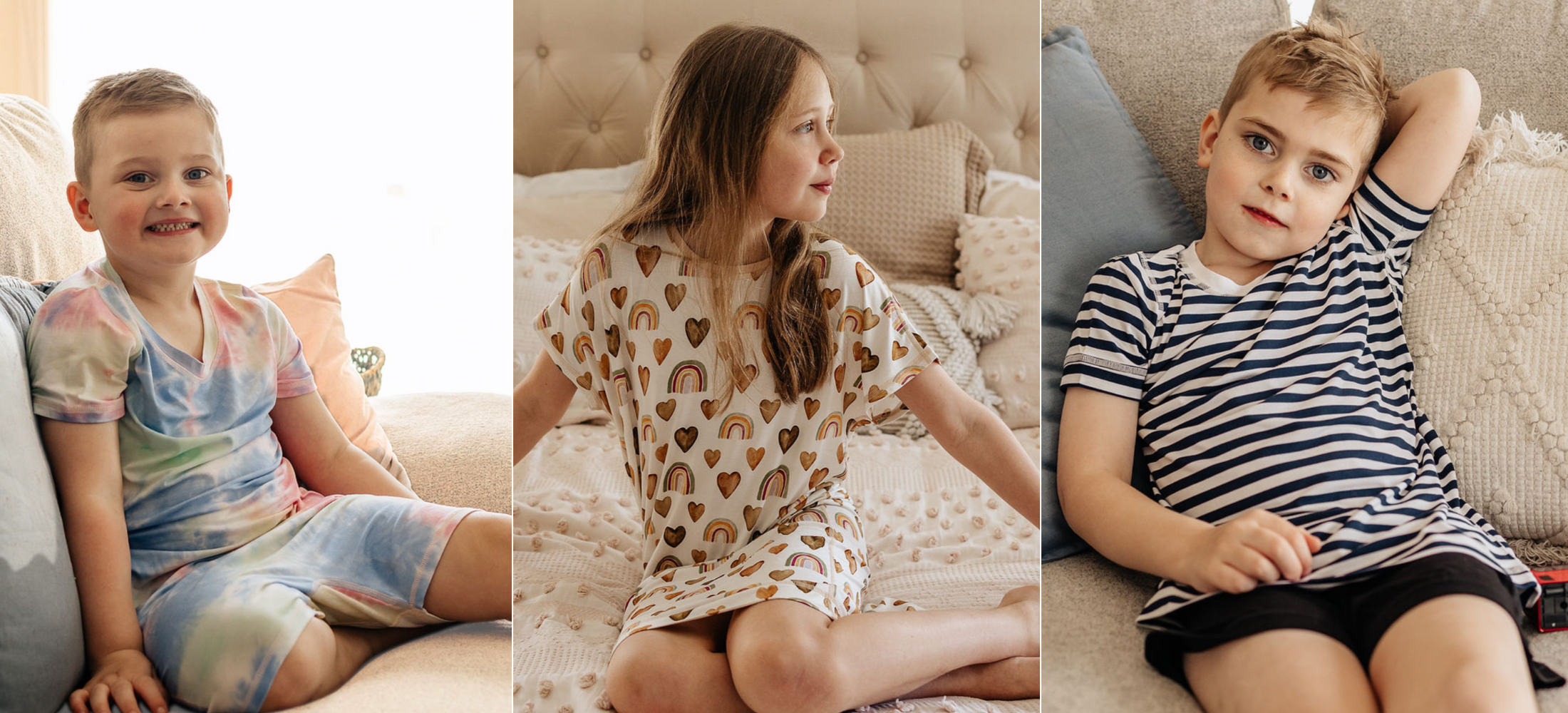 Banner of three kids wearing Comfort on the Spectrum sensory clothing: tie-dye t-shirt, heart-print nightdress, and stripe t-shirt, showcasing comfortable kids clothes.