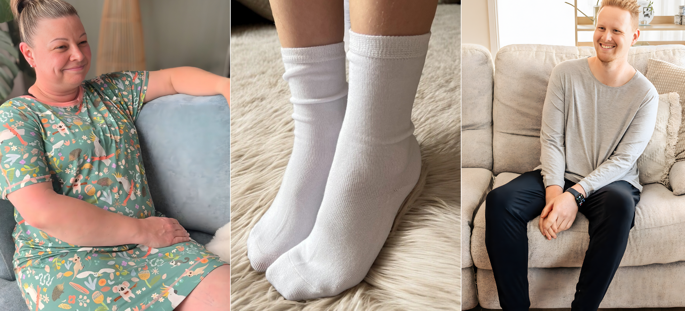 Comfort on the Spectrum Adult Collection: Woman in green printed nightdress, close-up of seamless white sensory socks, and man in grey long-sleeve top.