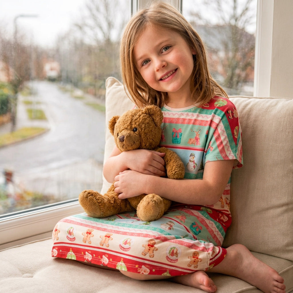 A young girl with blonde hair sits on a beige sofa, hugging a brown teddy bear. She is wearing a festive Christmas-themed pajama set with a matching pillow, set against a window with raindrops.